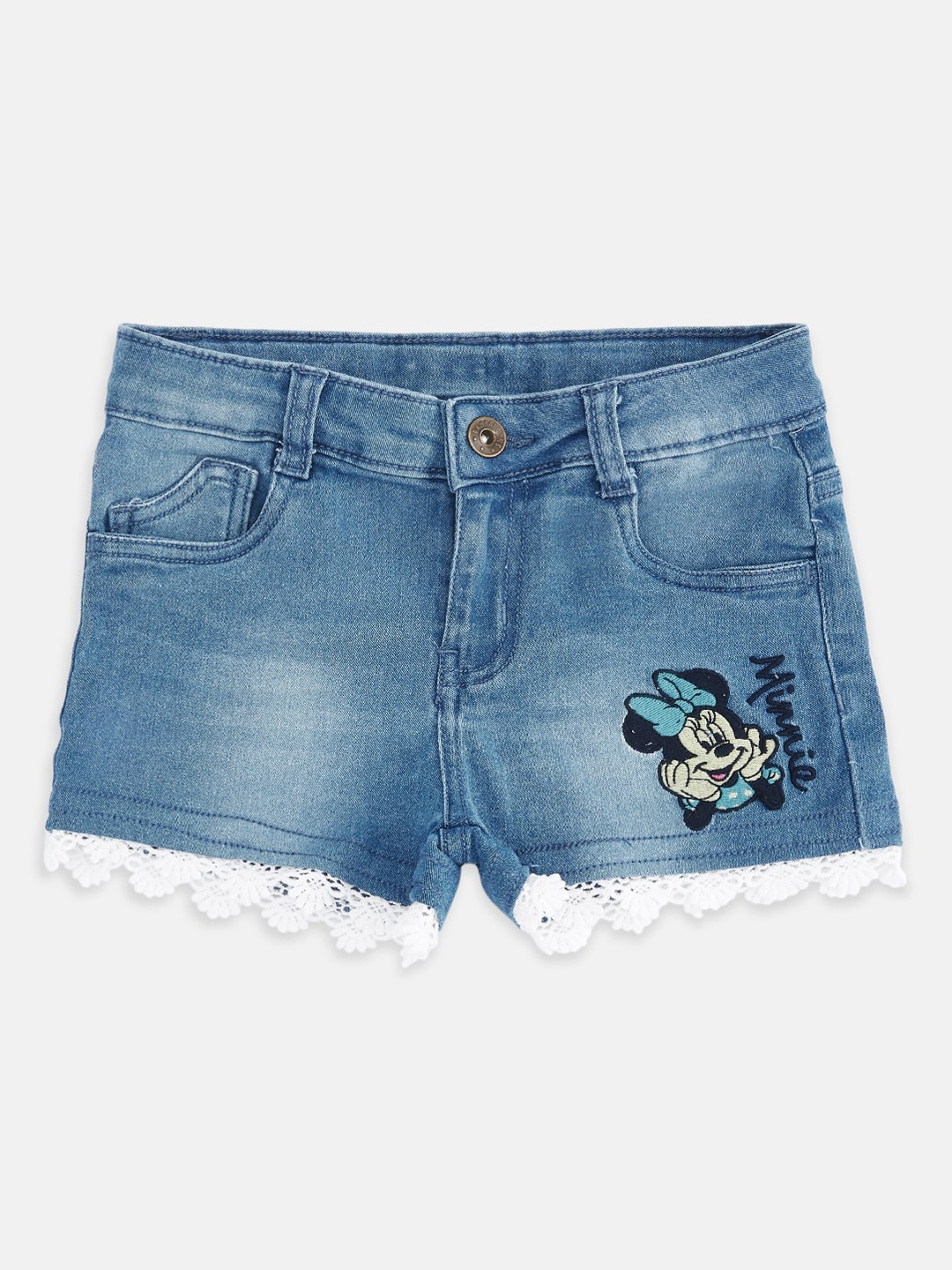 

Pantaloons Junior Girls Blue & Beige Minnie Mouse Pure Cotton Denim Shorts