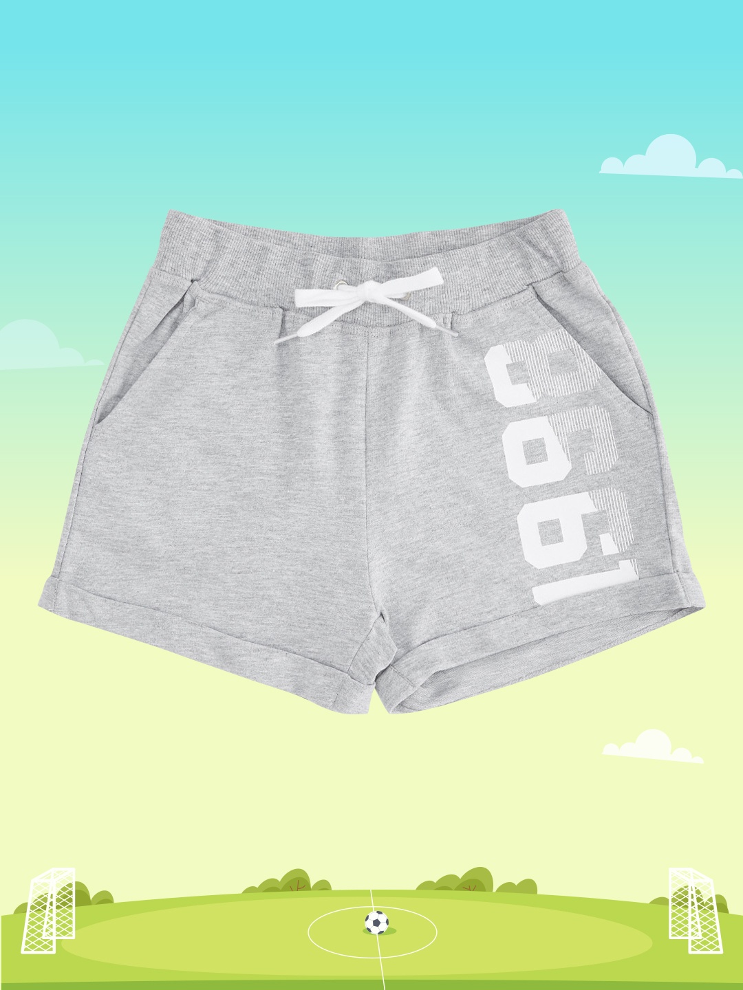 

Pantaloons Junior Girls Grey Melange & White Printed Pure Cotton Shorts