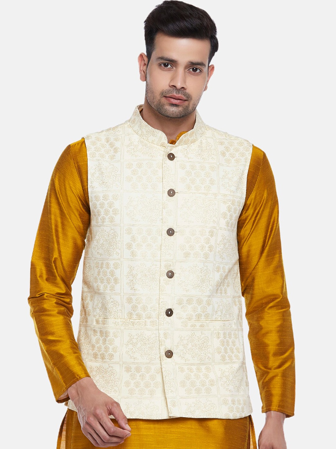 

indus route by Pantaloons Men Cream-Coloured Ethnic Motifs Pure Cotton Nehru Jacket