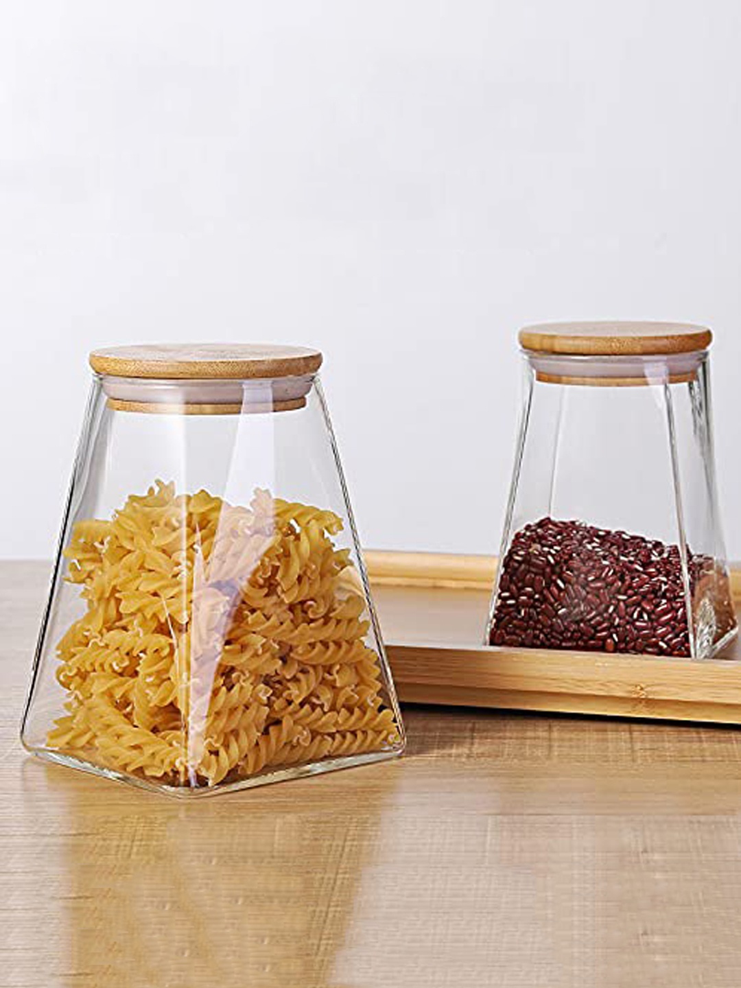 

Femora Set of 4 Borosilicate Glass Triangle Storage Jar with Bamboo Lid, Transparent