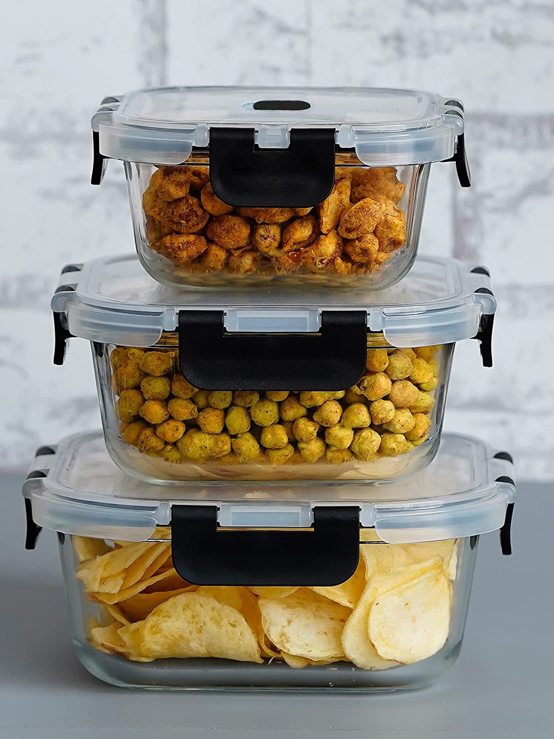 

Femora Set Of 3 Transparent & Black Glass Storage Containers