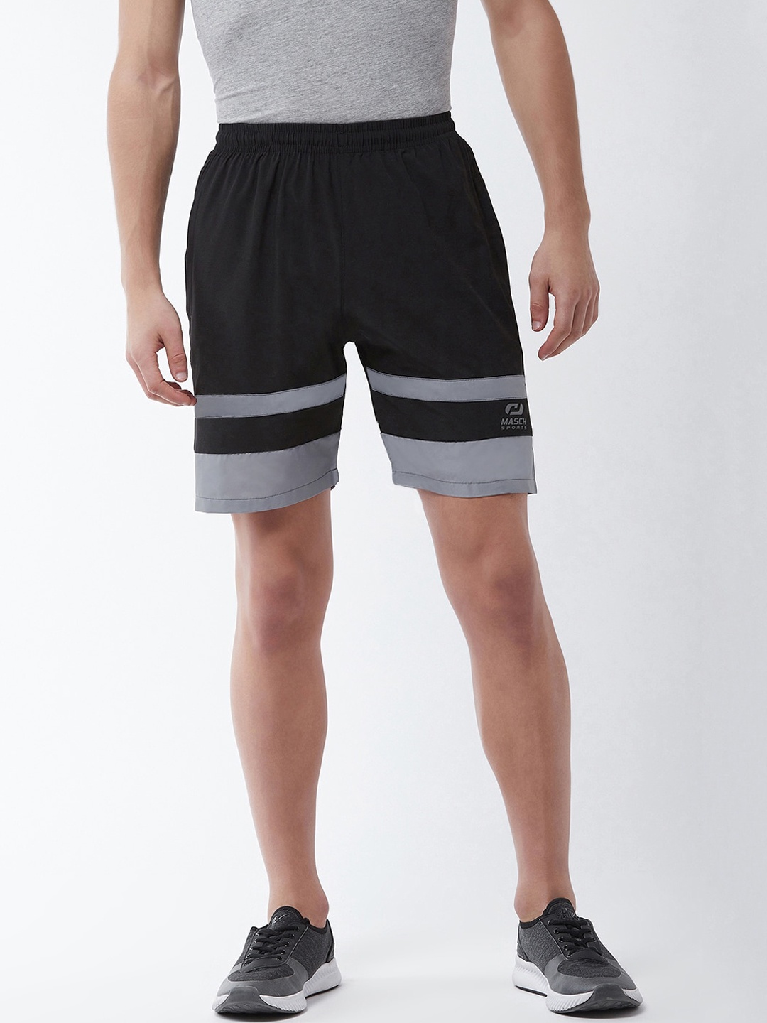 

Masch Sports Men Black & Grey Striped Dri-Fit Sports Shorts