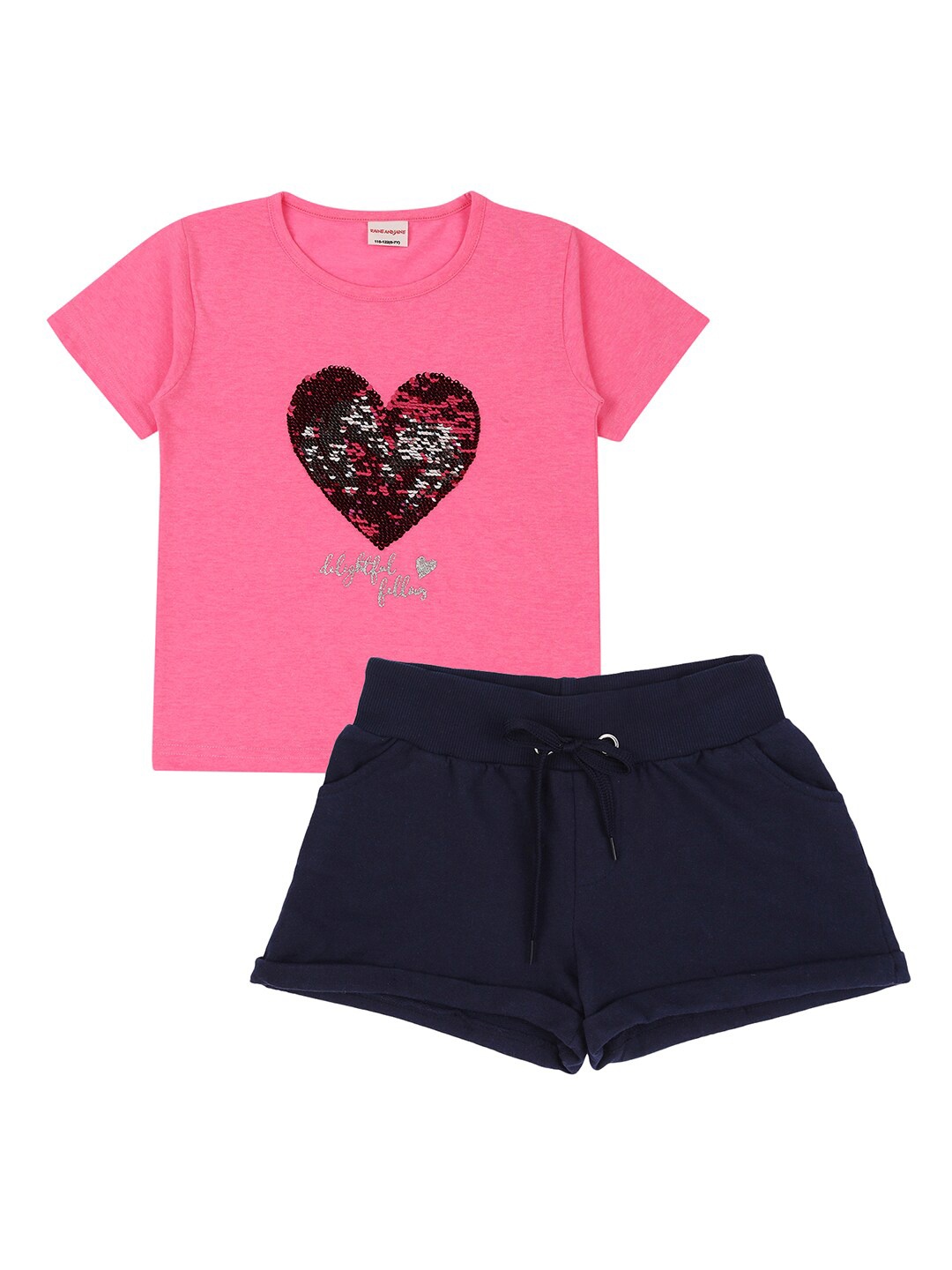 

RAINE AND JAINE Girls Pink & Navy Blue Embellished Sequined T-shirt with Shorts