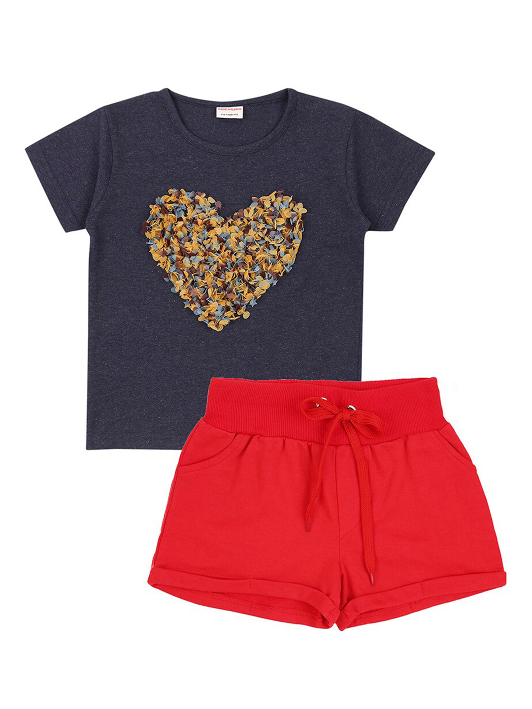 

RAINE AND JAINE Girls Navy Blue & Red Embellished T-shirt with Shorts