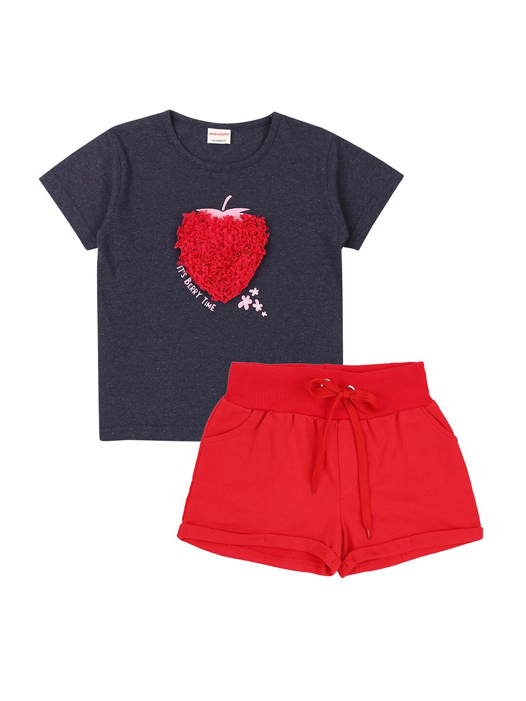 

RAINE AND JAINE Girls Navy Blue & Red Appliqued T-shirt with Shorts