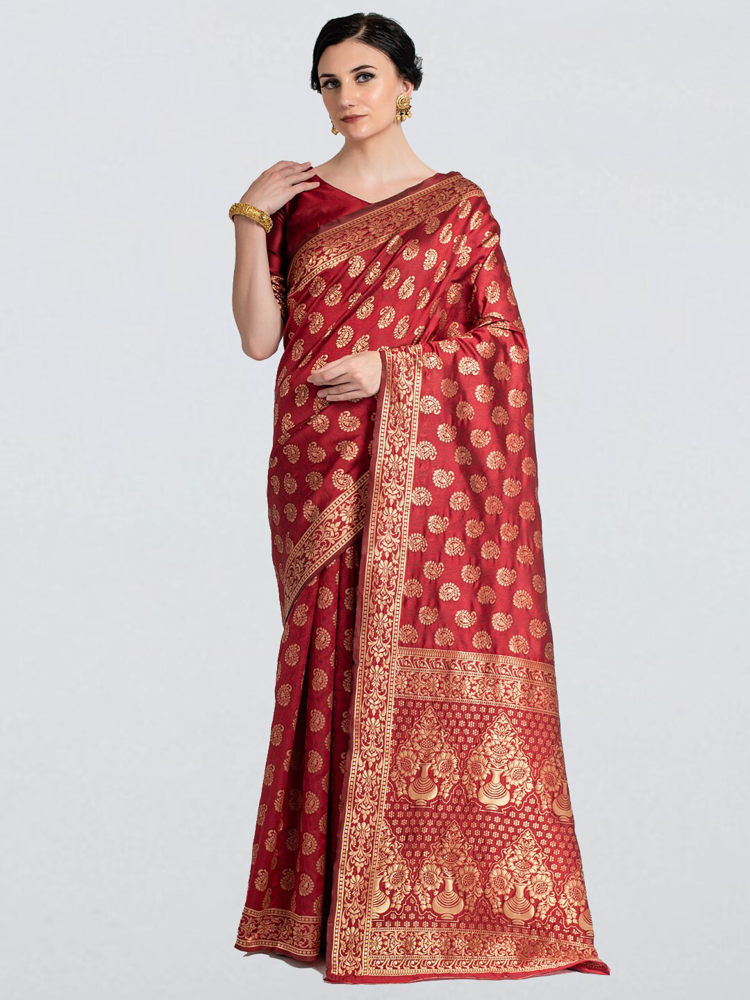 

cbazaar Red & Gold-Toned Paisley Zari Art Silk Banarasi Saree