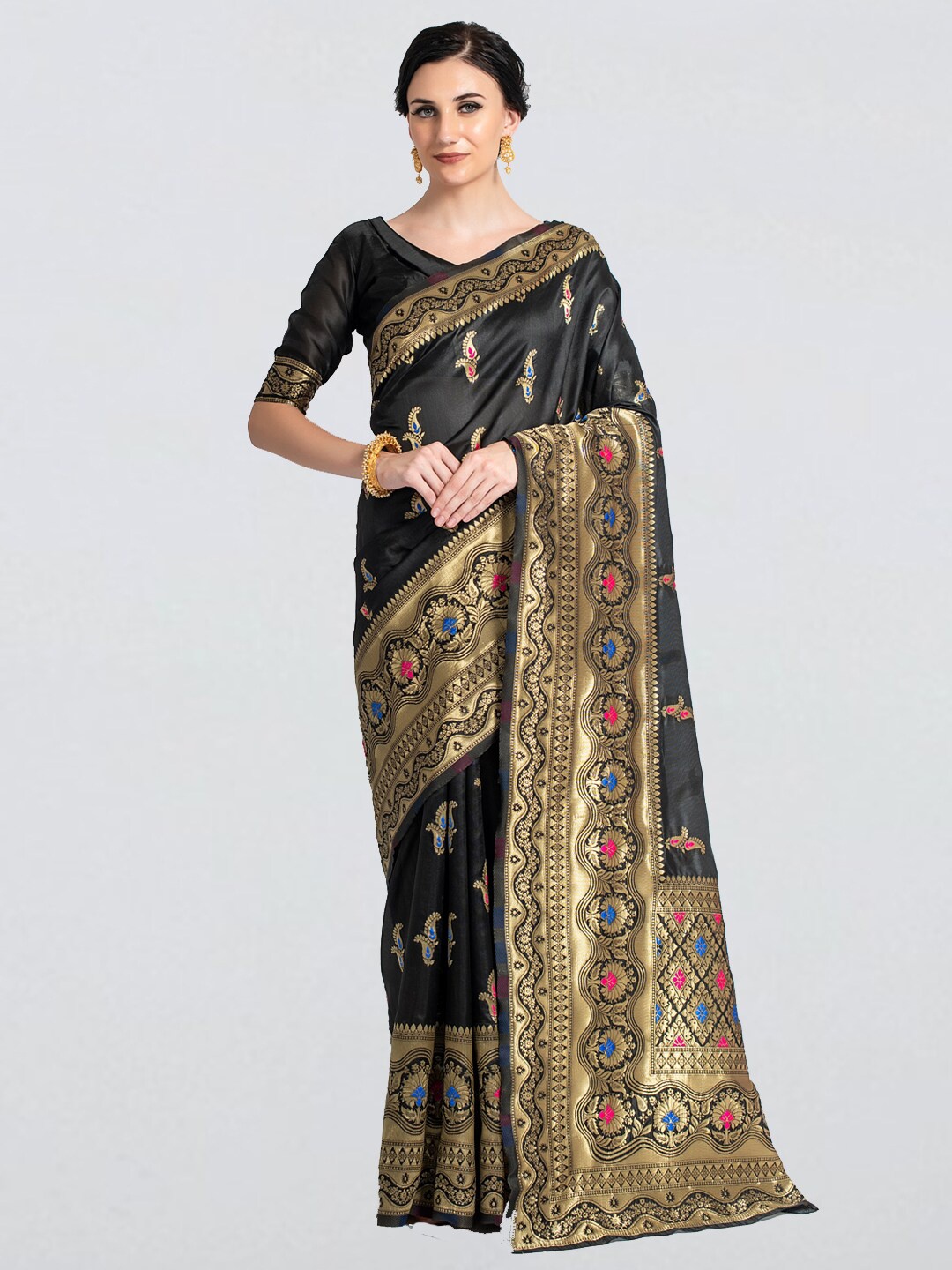 

cbazaar Black & Gold-Toned Ethnic Motifs Zari Art Silk Saree