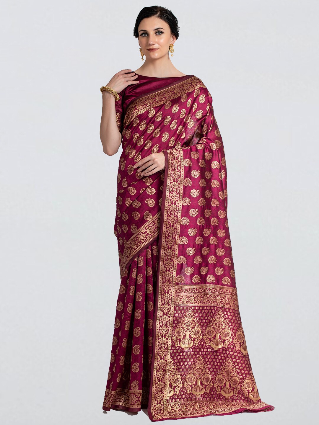 

cbazaar Magenta & Gold-Toned Ethnic Motifs Zari Art Silk Saree