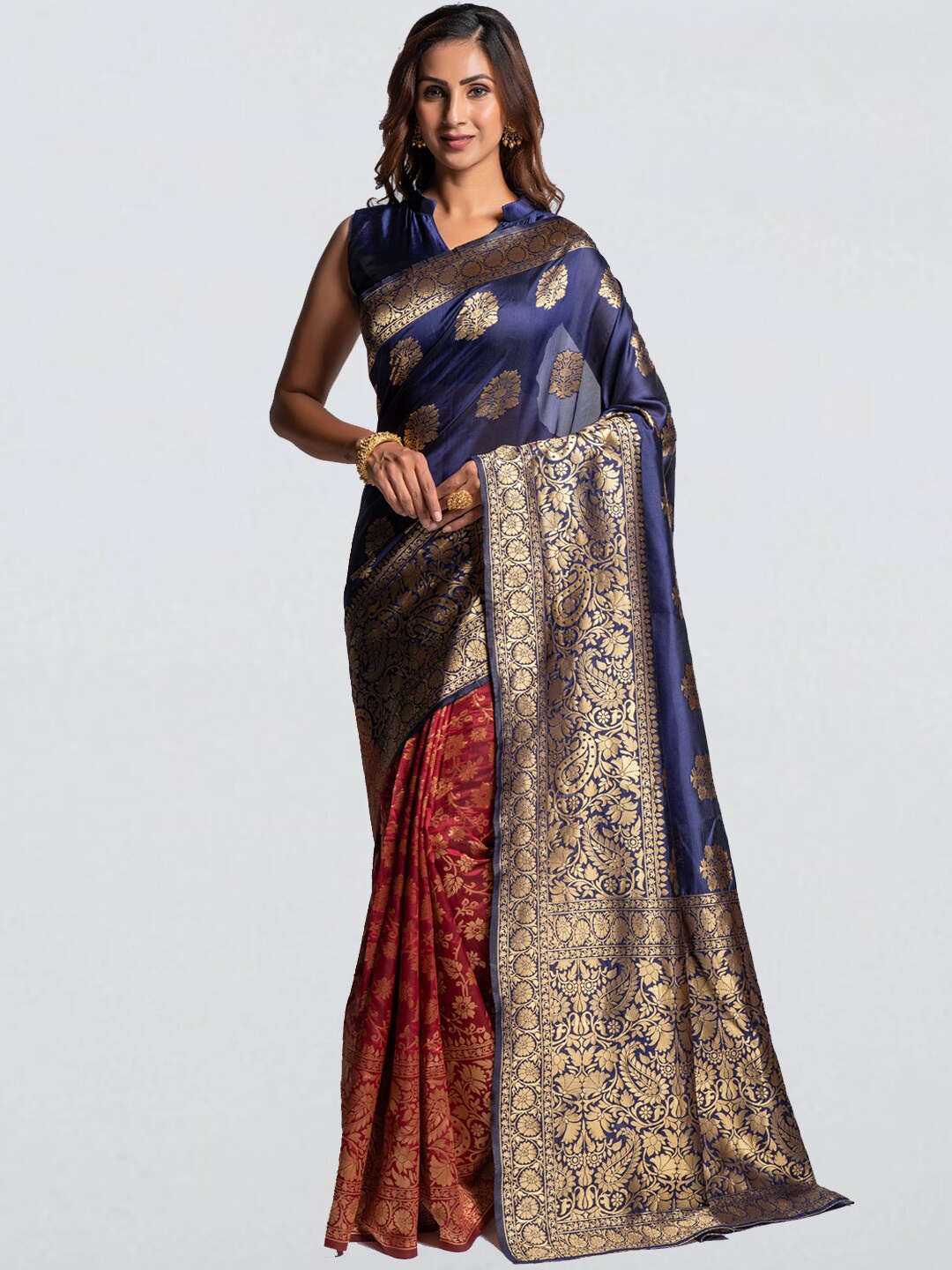 

cbazaar Navy Blue & Gold-Toned Ethnic Motifs Zari Art Silk Half and Half Banarasi Saree