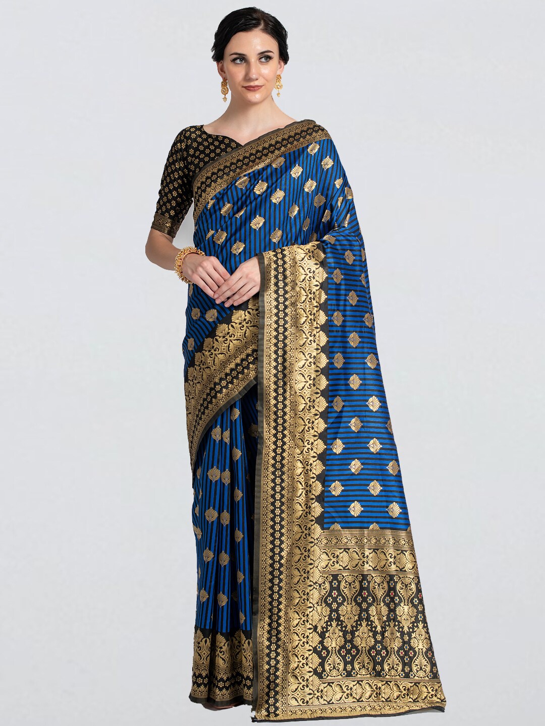 

cbazaar Black & Blue Gold-Toned Ethnic Motifs Woven Design Saree