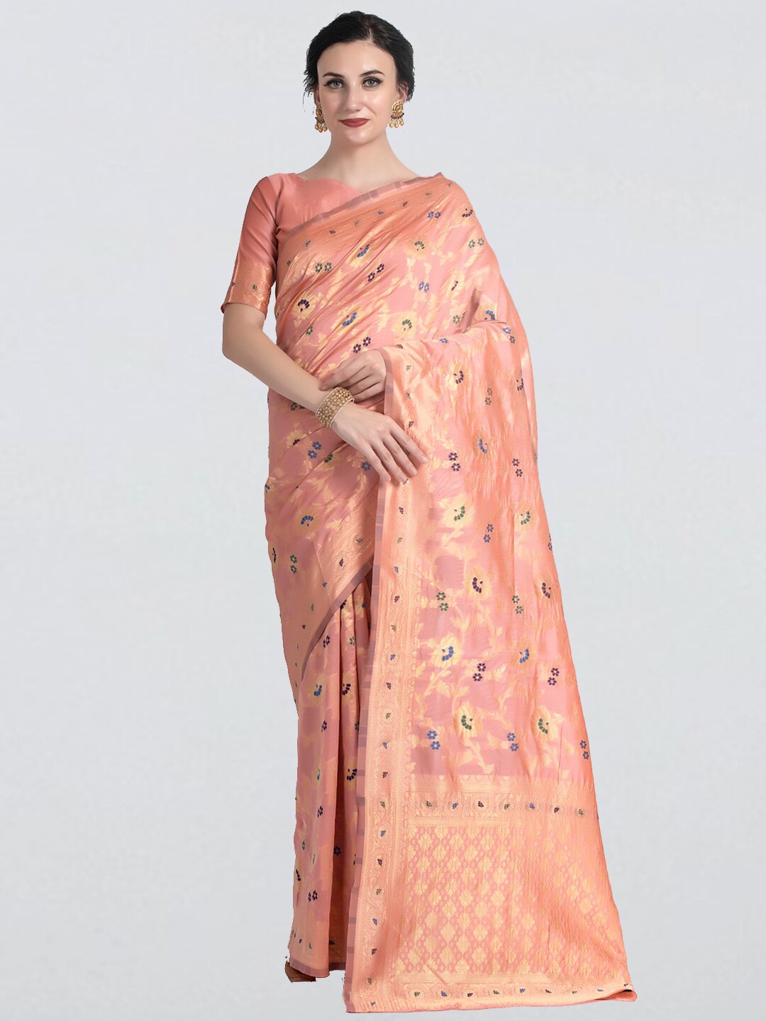 

cbazaar Peach-Coloured & Gold-Toned Ethnic Motifs Zari Art Silk Saree