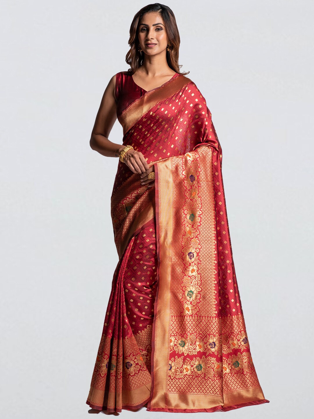 

cbazaar Red & Gold-Toned Ethnic Motifs Zari Banarasi Silk Saree