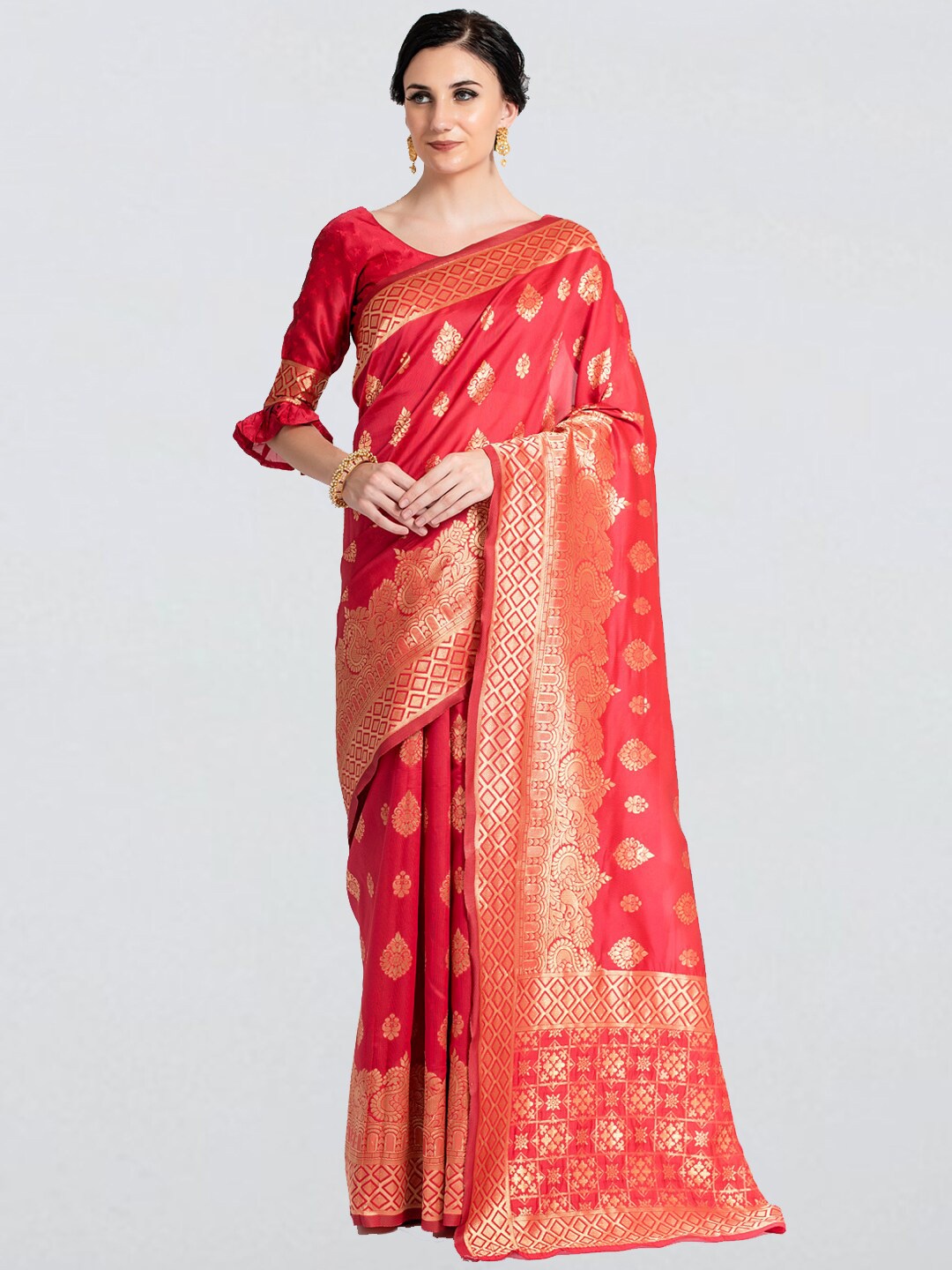 

cbazaar Red & Gold-Toned Ethnic Motifs Zari Art Silk Banarasi Saree