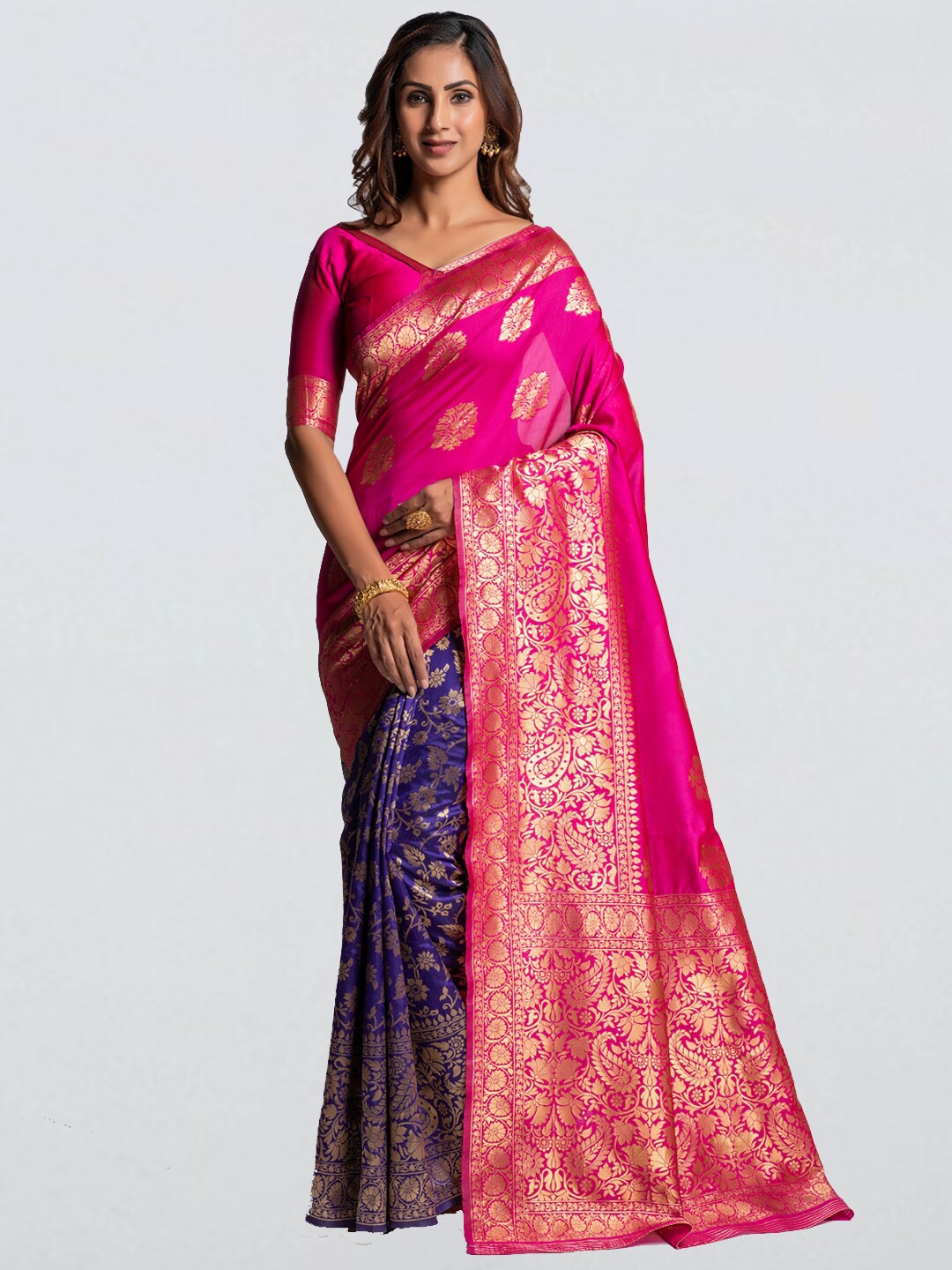 

cbazaar Pink & Purple Floral Zari Art Silk Jacquard Banarasi Saree