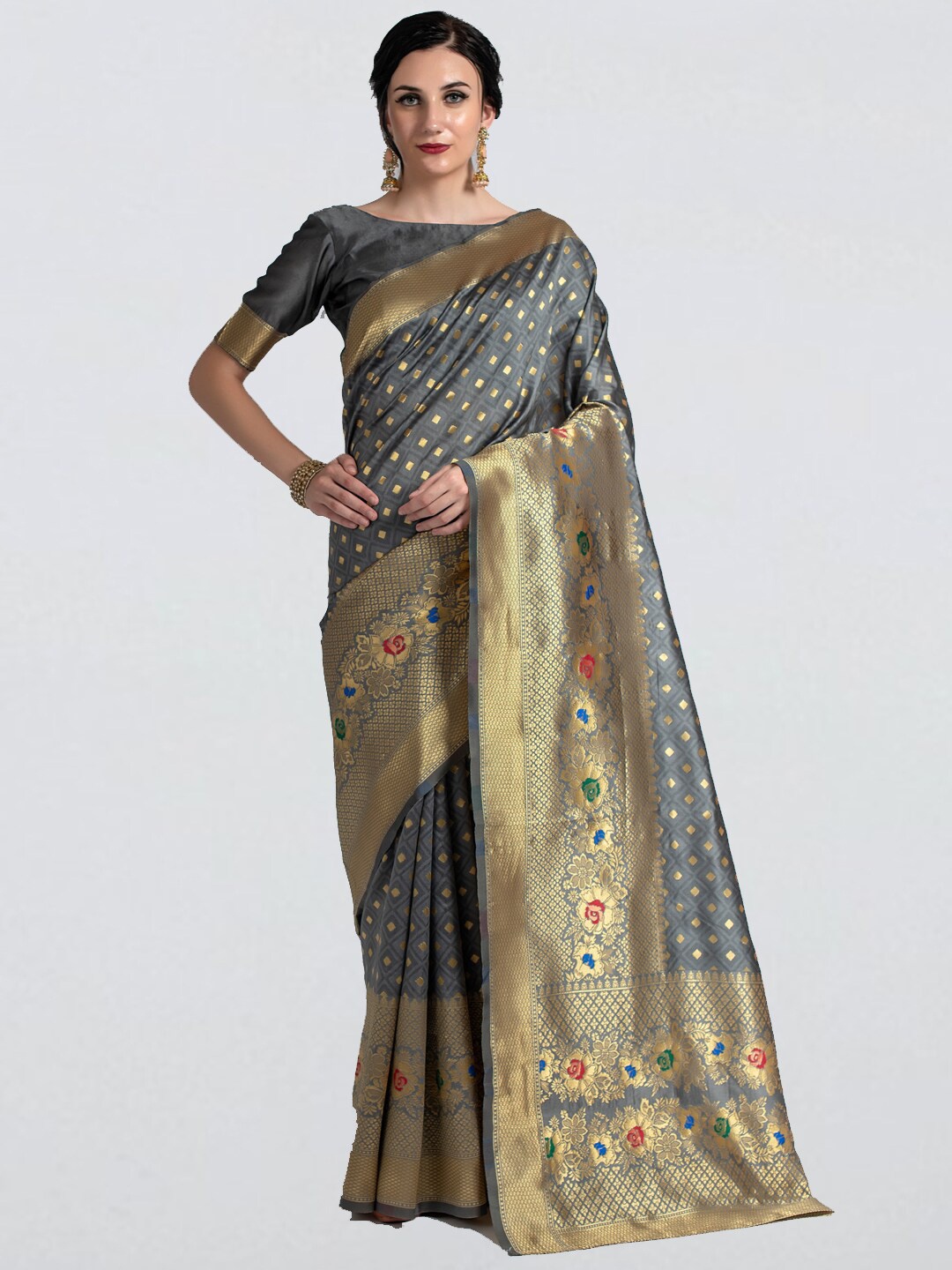 

cbazaar Grey & Gold-Toned Ethnic Motifs Zari Art Silk Banarasi Saree