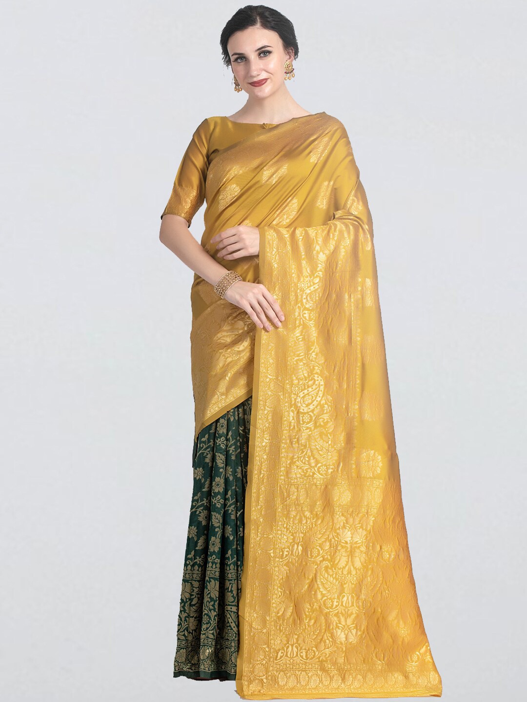

cbazaar Mustard & Green Ethnic Motifs Art Silk Half and Half Banarasi Saree