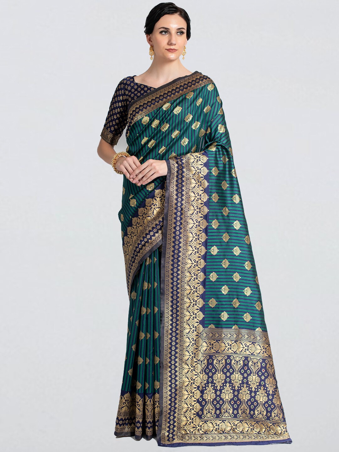 

cbazaar Navy Blue & Green Ethnic Motifs Zari Art Silk Saree