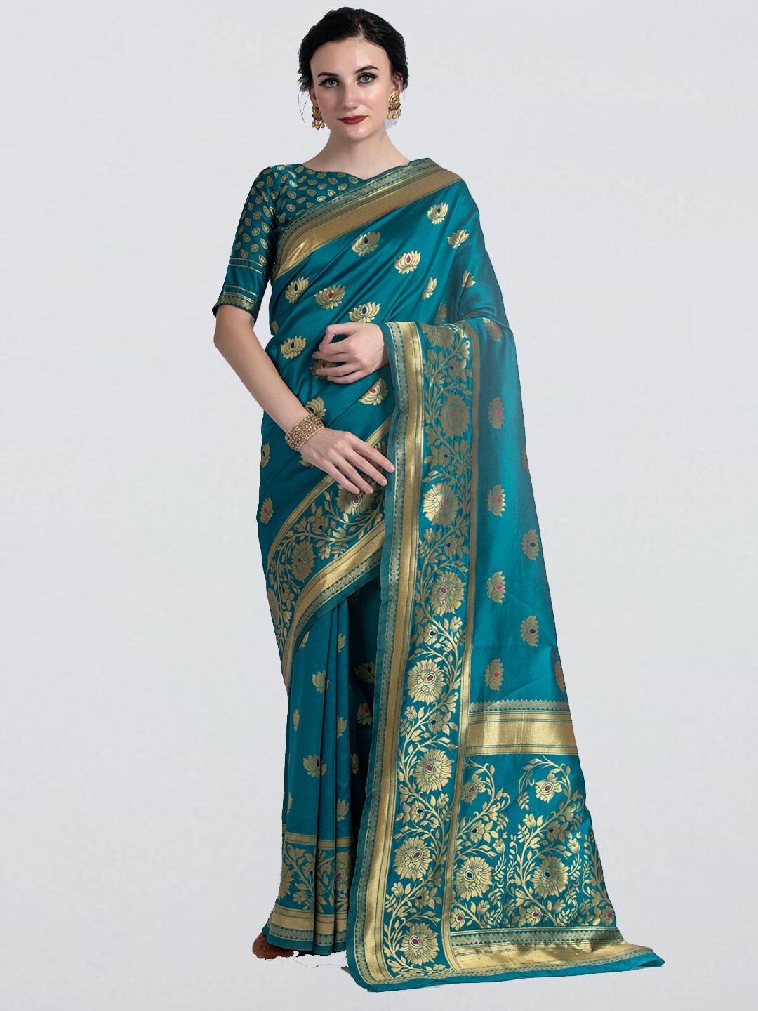 

cbazaar Teal & Gold-Toned Floral Zari Art Silk Saree