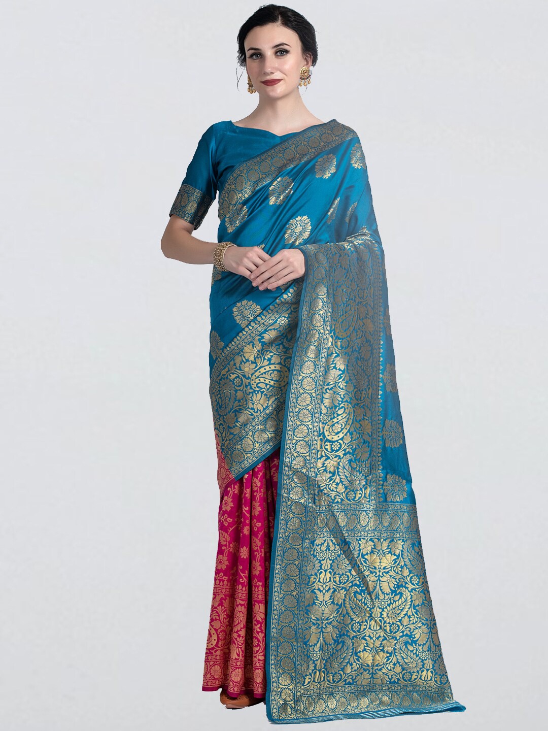 

cbazaar Green & Pink Gold-Toned Ethnic Motifs Woven Design Banarasi Saree