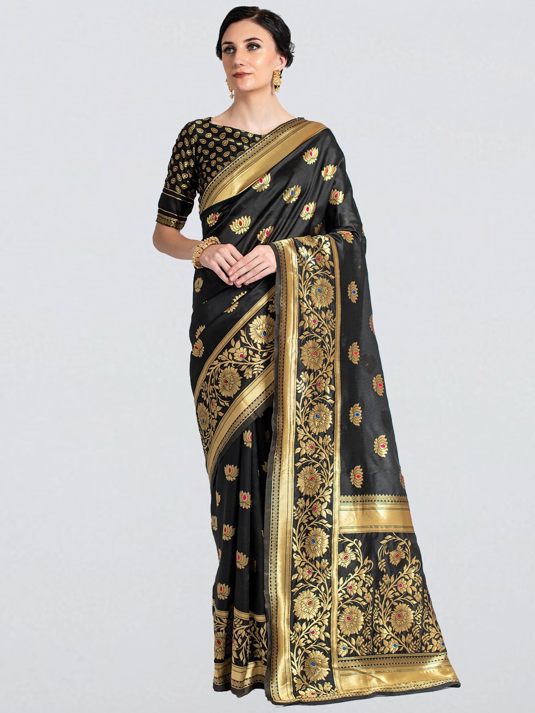 

cbazaar Black & Gold-Toned Ethnic Motifs Zari Art Silk Saree