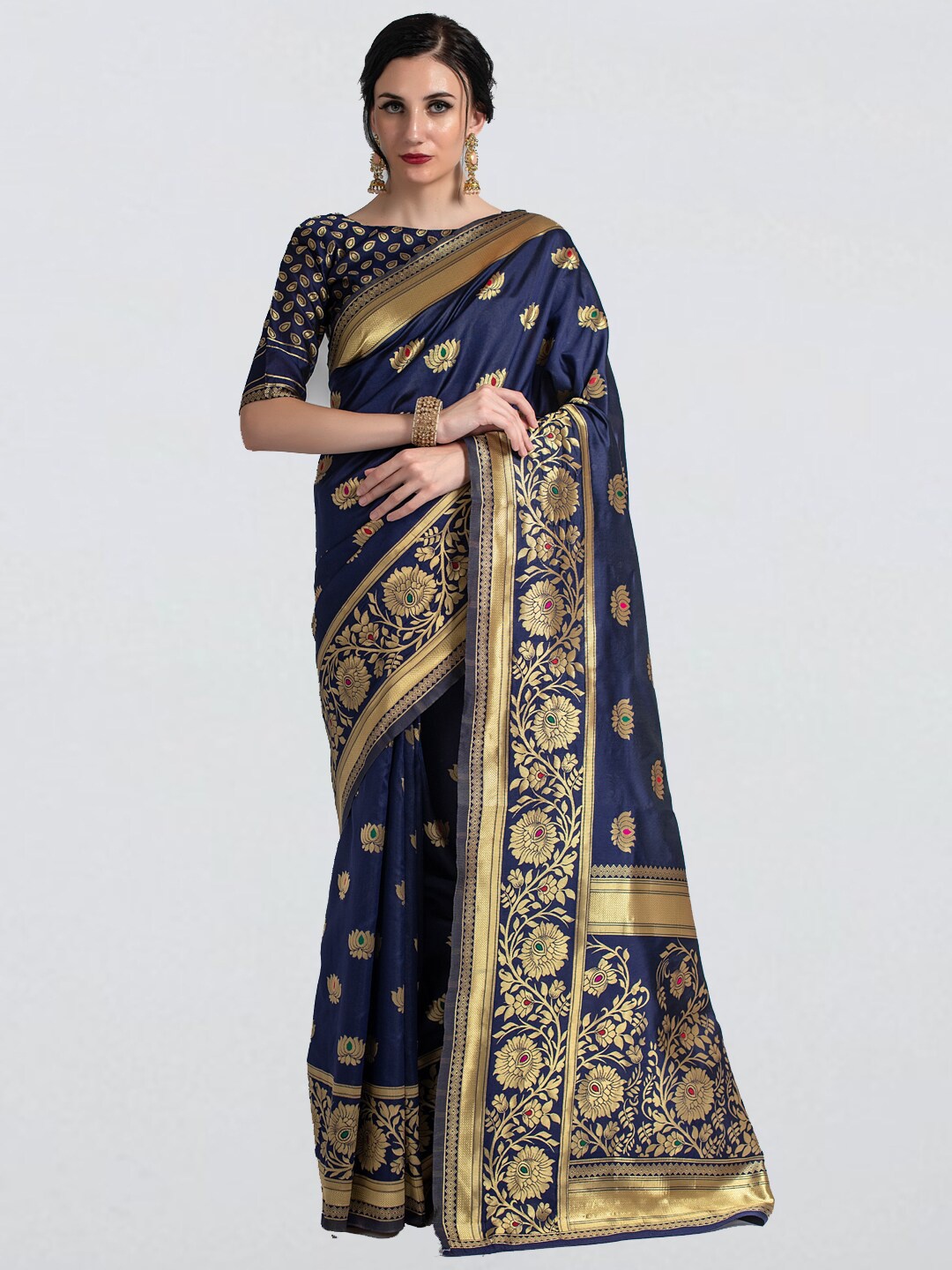 

cbazaar Navy Blue & Gold-Toned Ethnic Motifs Zari Art Silk Saree