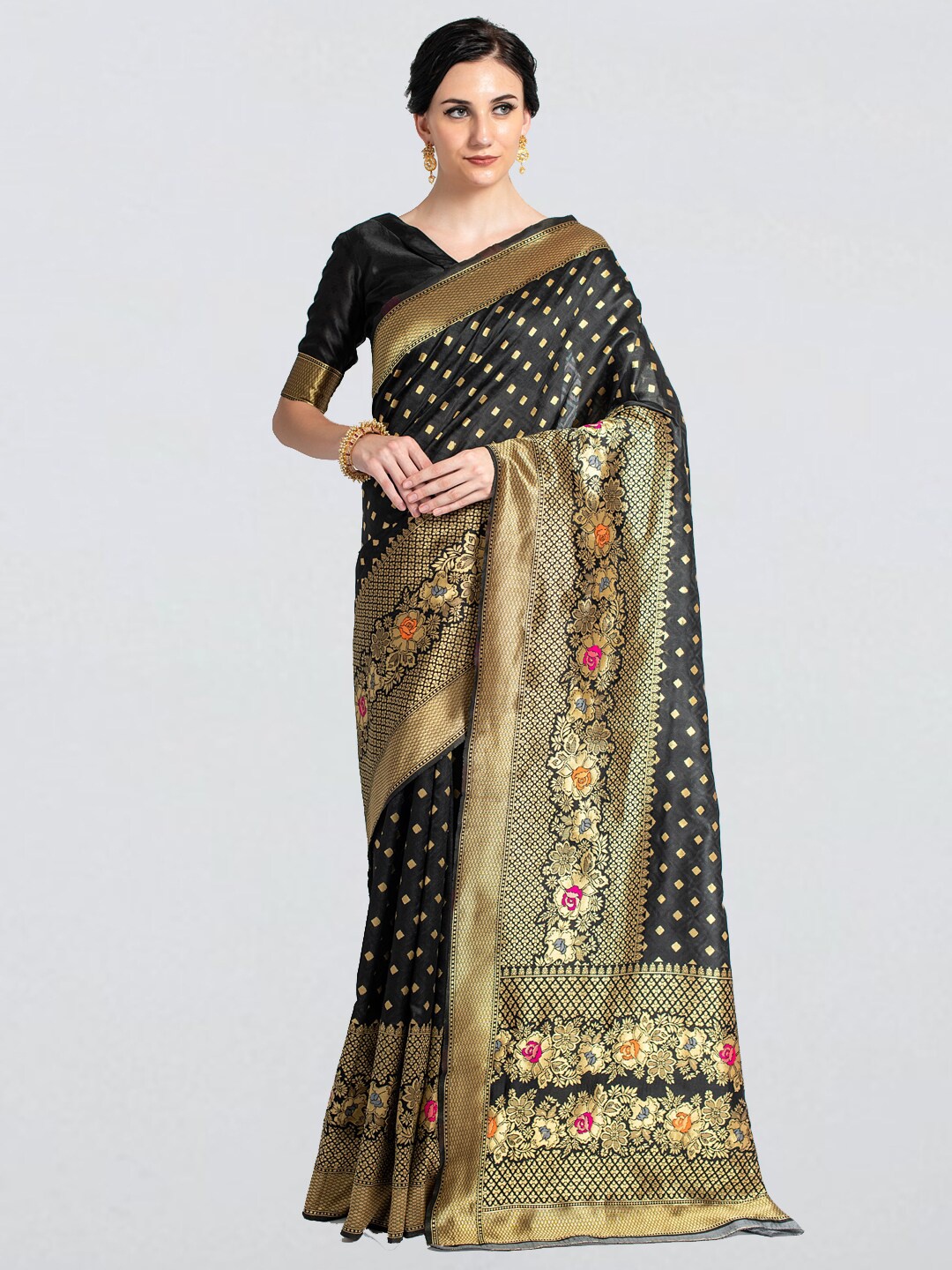 

cbazaar Black & Gold-Toned Ethnic Motifs Zari Art Silk Saree