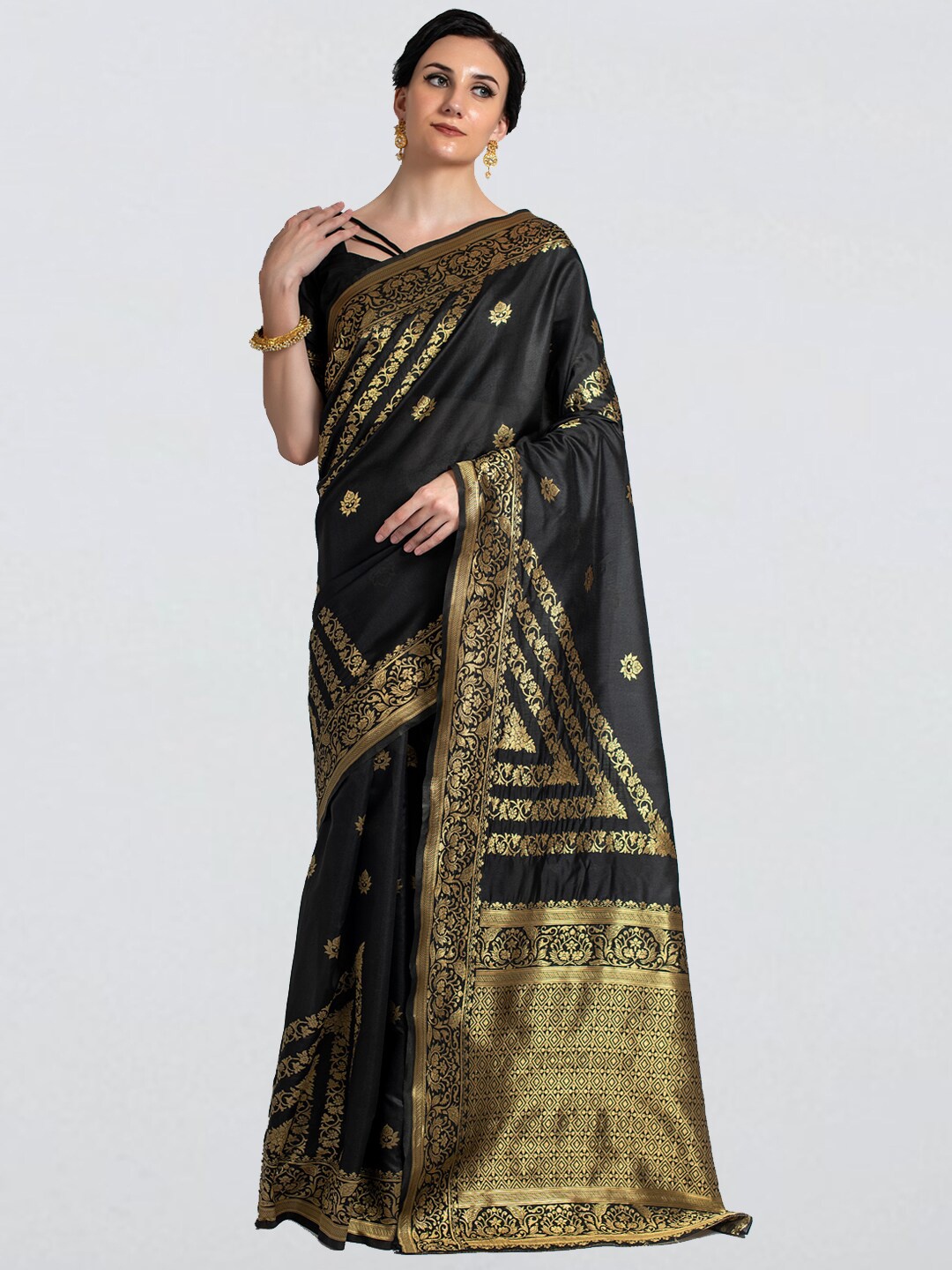 

cbazaar Black & Gold-Toned Ethnic Motifs Zari Art Silk Jacquard Banarasi Saree
