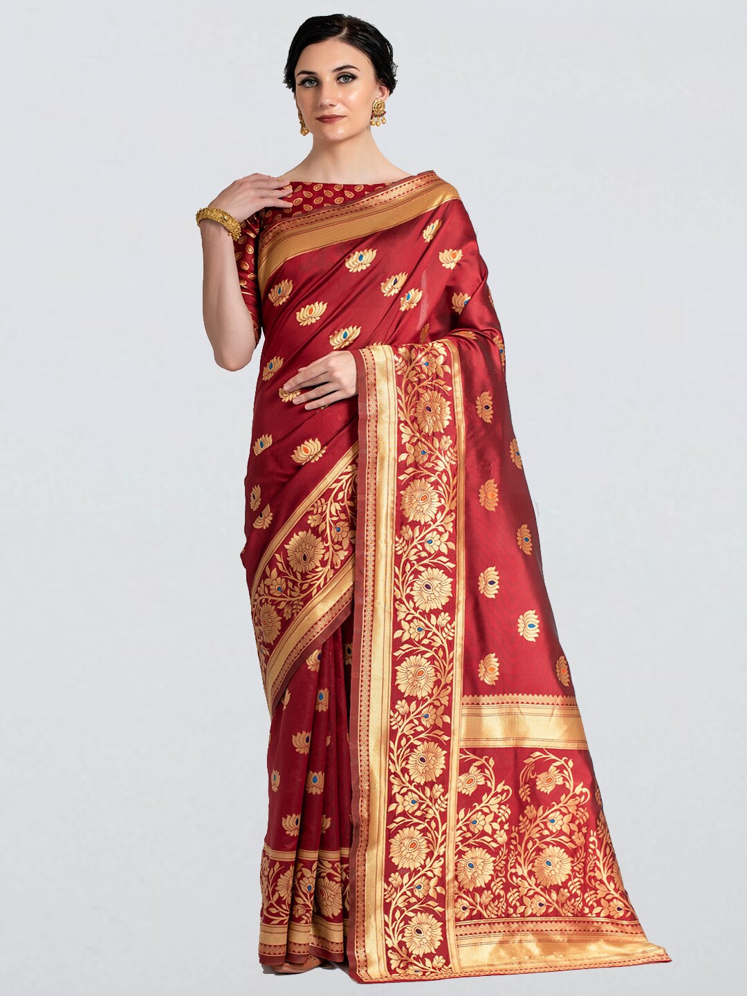 

cbazaar Red & Gold-Toned Ethnic Motifs Zari Art Silk Banarasi Saree