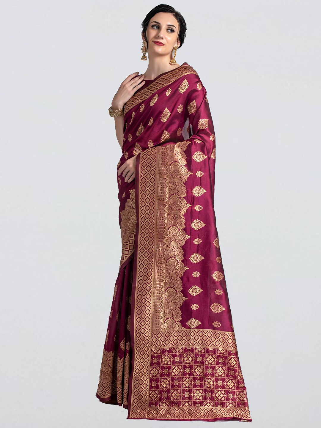 

cbazaar Magenta & Gold-Toned Ethnic Motifs Woven Design Banarasi Saree