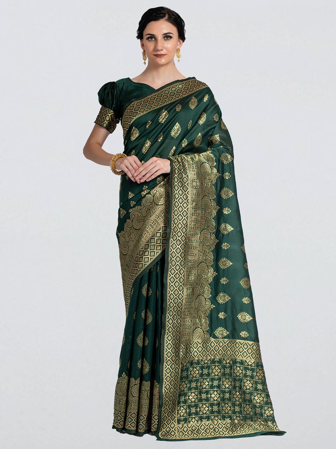 

cbazaar Green & Gold-Toned Ethnic Motifs Woven Design Zari Art Silk Saree