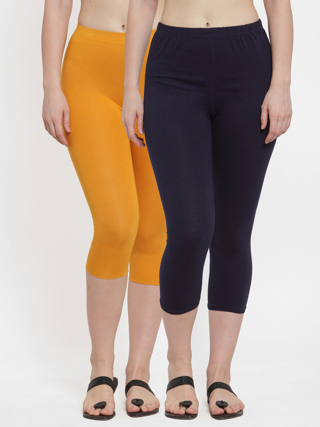 

GRACIT Women Set Of 2 Navy Blue & Yellow Slim Fit Cotton Capris