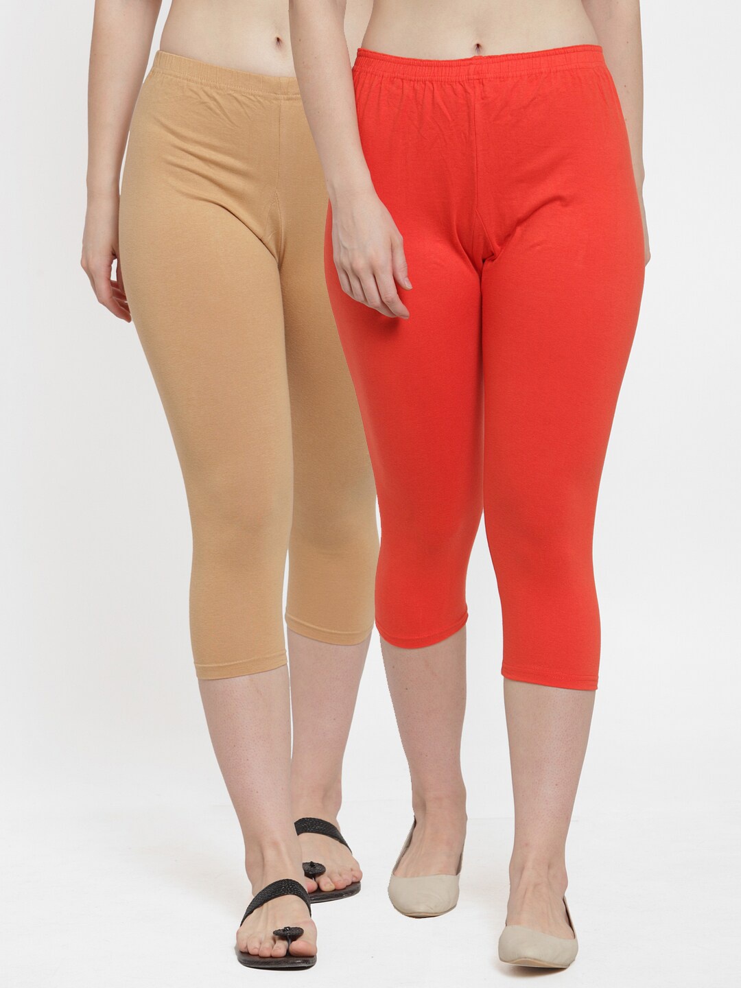 

GRACIT Women Pack Of 2 Orange & Cream-Coloured Solid Slim Fit Mid Rise Capris