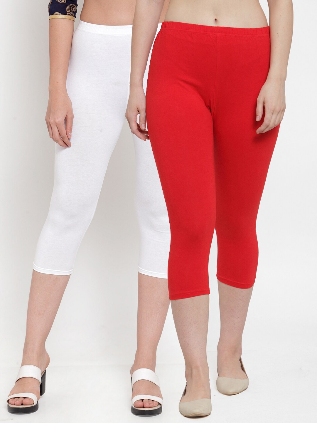 

GRACIT Women White & Red Set Of 2 Solid Cotton Capris