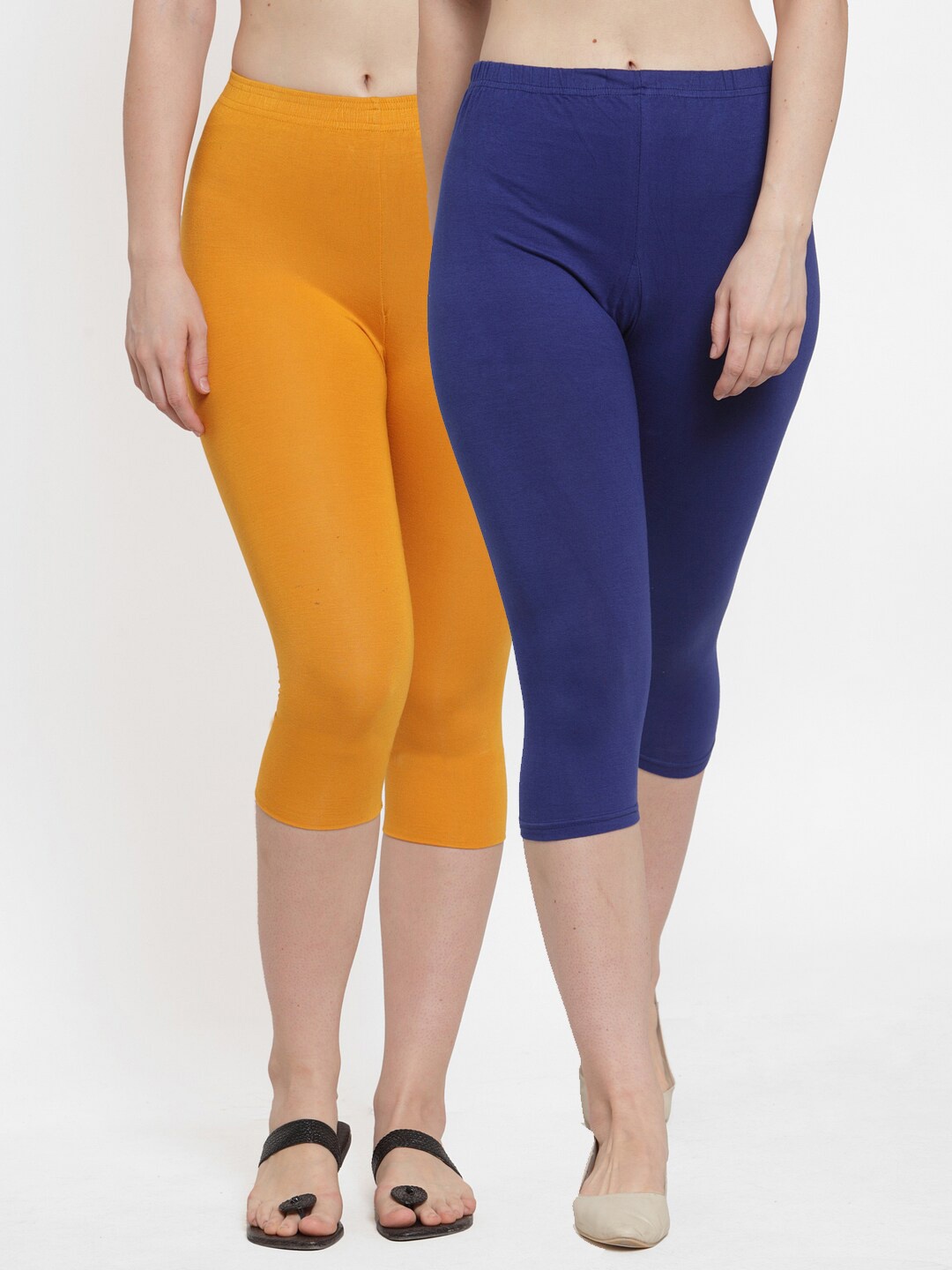 

GRACIT Women Pack Of 2 Blue & Yellow Solid Slim Fit Mid Rise Capris