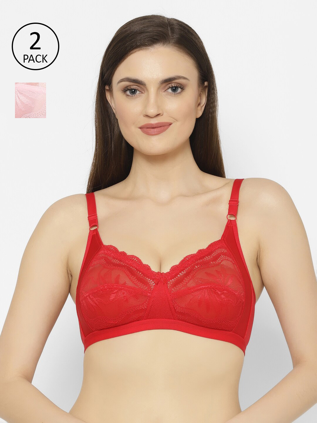 

Floret Red & Pink Set Of 2 Non Padded Non Wired Lace Bra