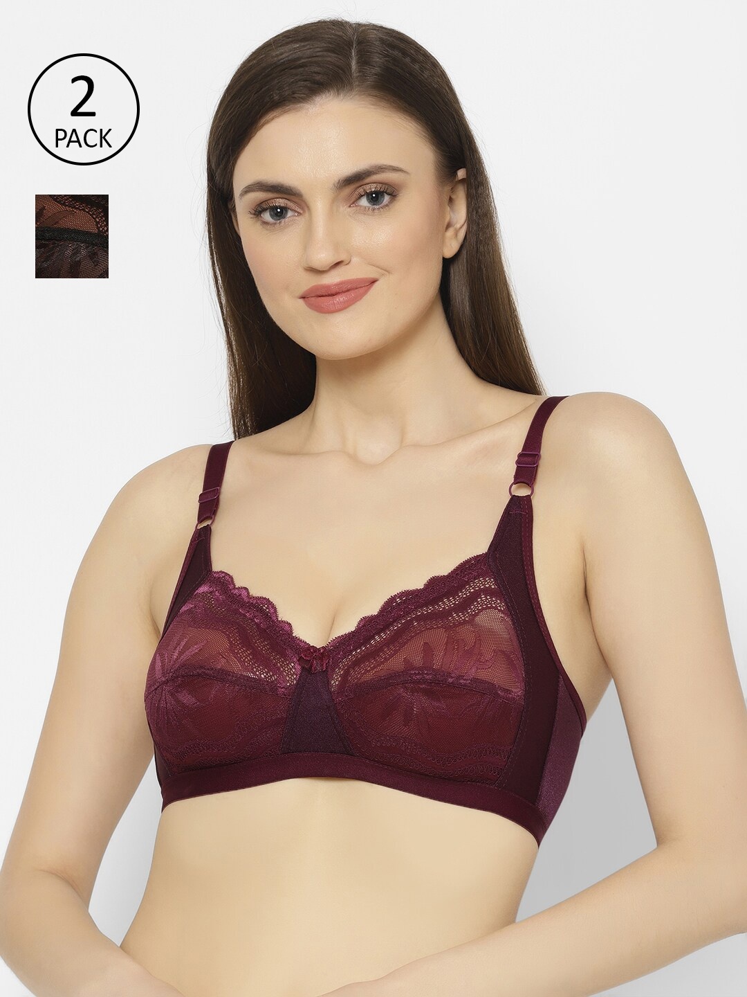 

Floret Pack of 2 Burgundy & Black Non Padded Lace Detailed Bra