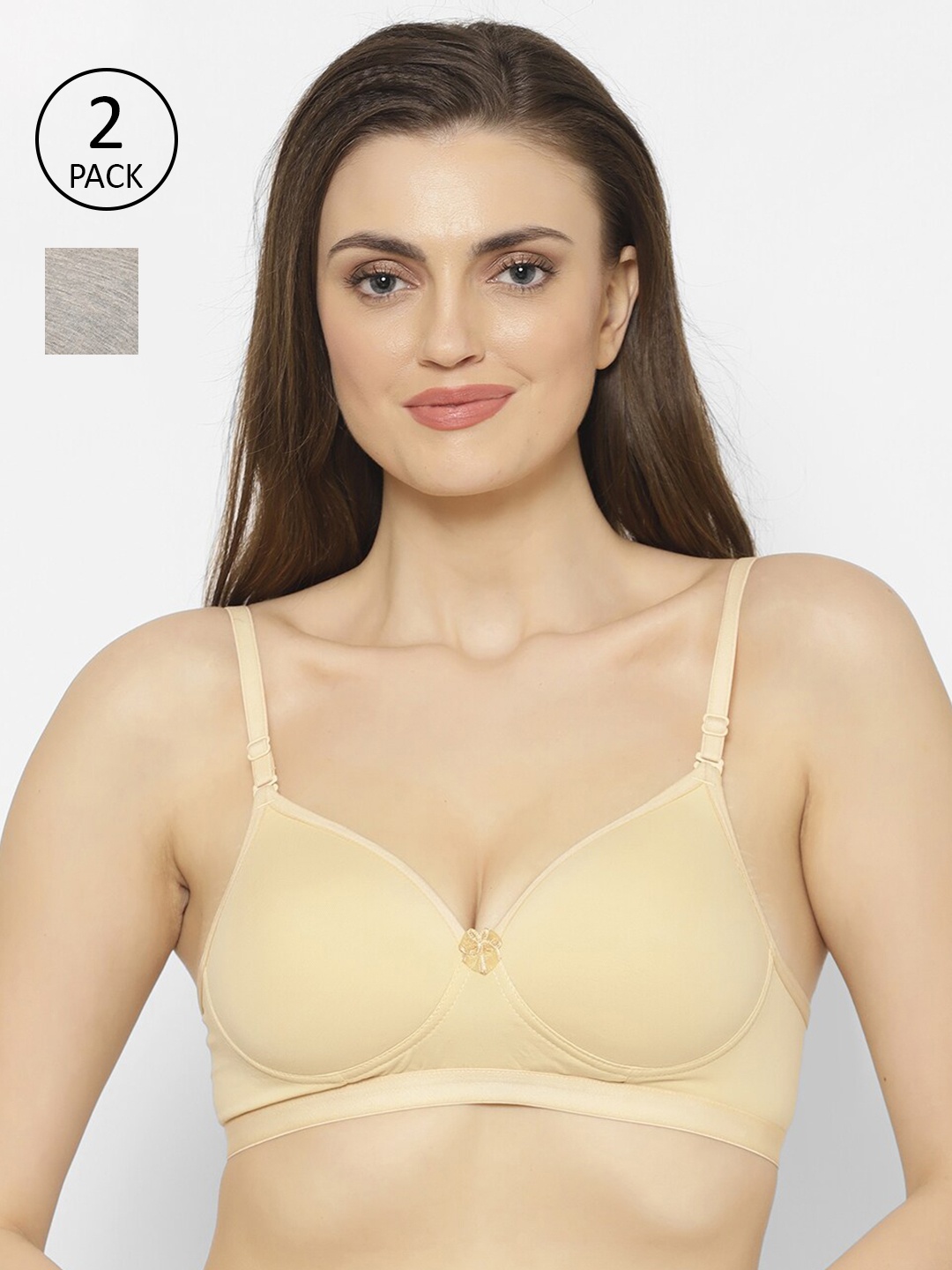 

Floret Grey & Cream-Coloured Pack of 2 Lightly Padded Non-Wired Plunge Bra