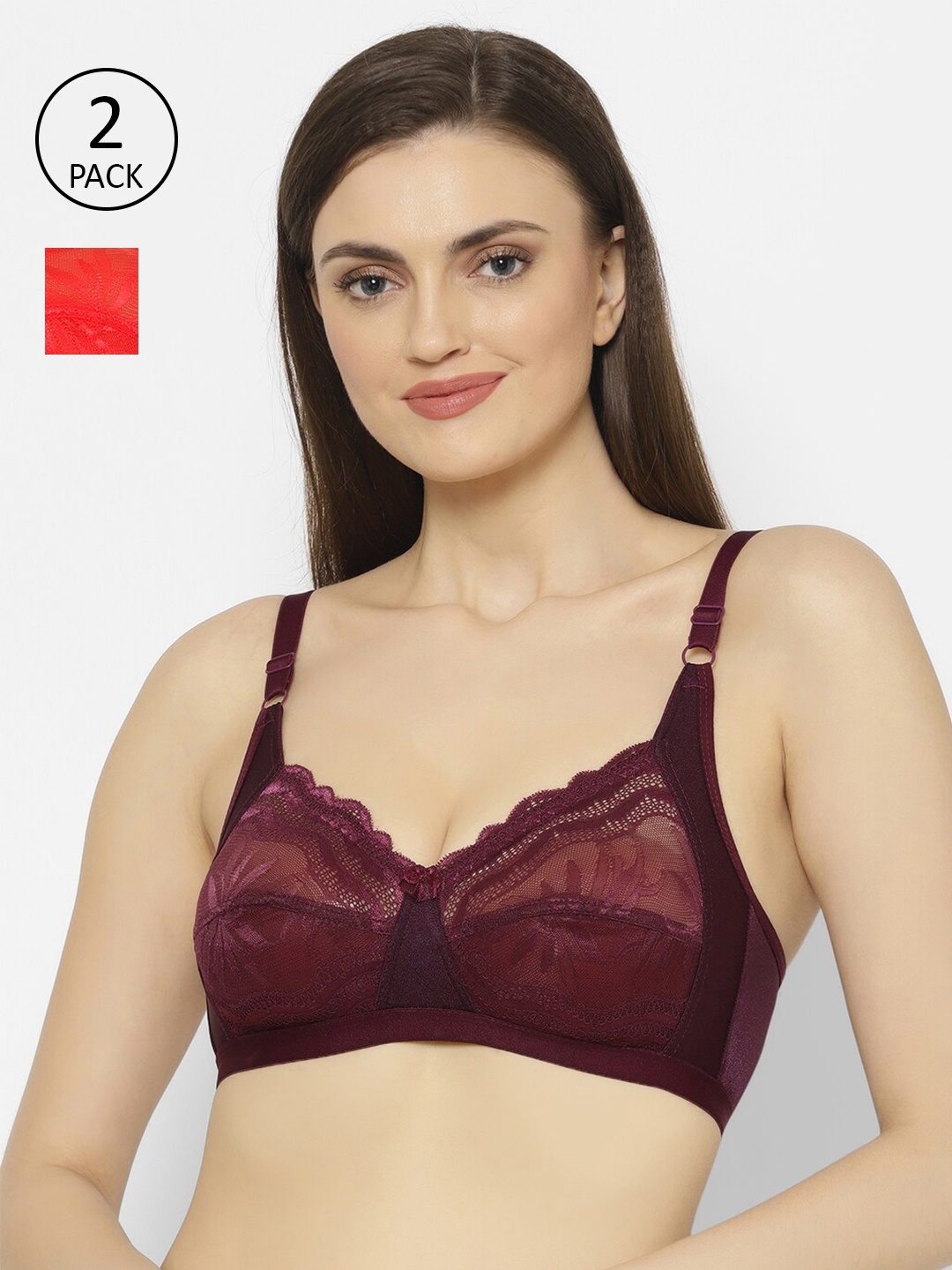 

Floret Pack of 2 Red & Burgundy Non Padded Lace Detailed Bra