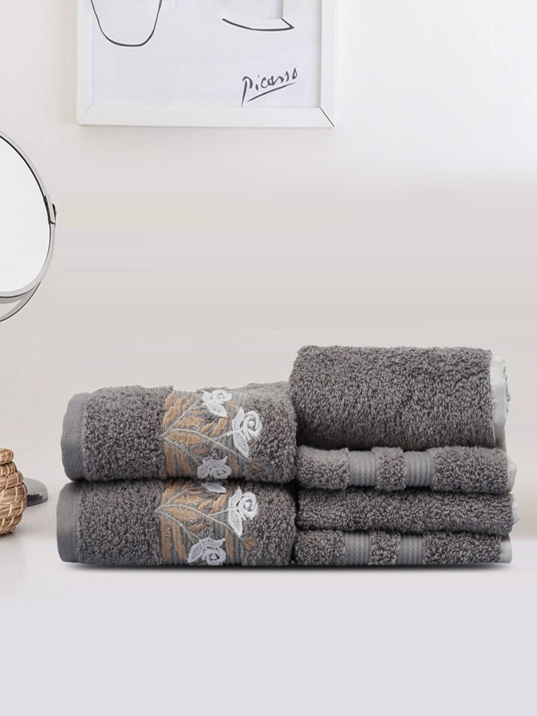 

LUSH & BEYOND Set Of 6 Grey Printed 500 GSM Pure Cotton Towels