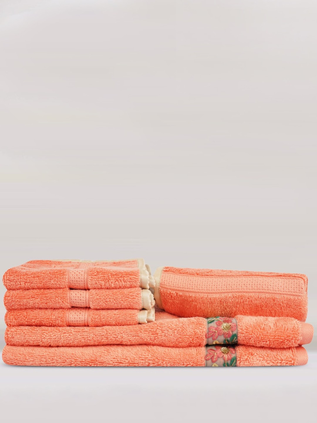 

LUSH & BEYOND Set Of 6 Orange Self-Design Cotton 500 GSM Towel Set