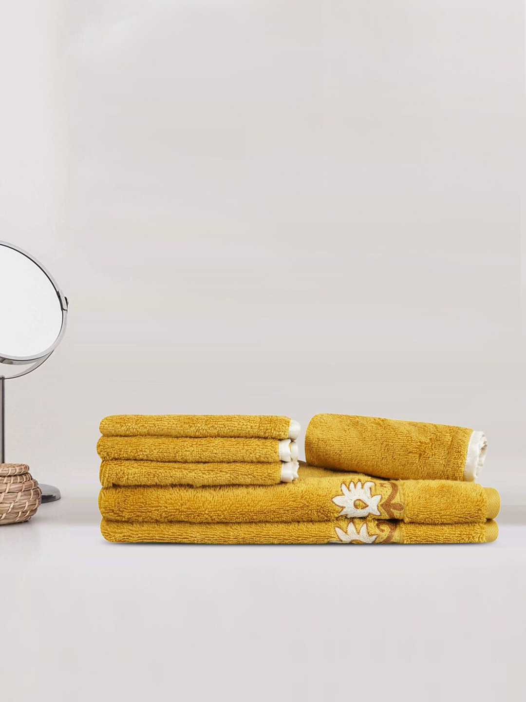 

LUSH & BEYOND Set of 6 Mustard & White Self Design 500 GSM Cotton Towel Set