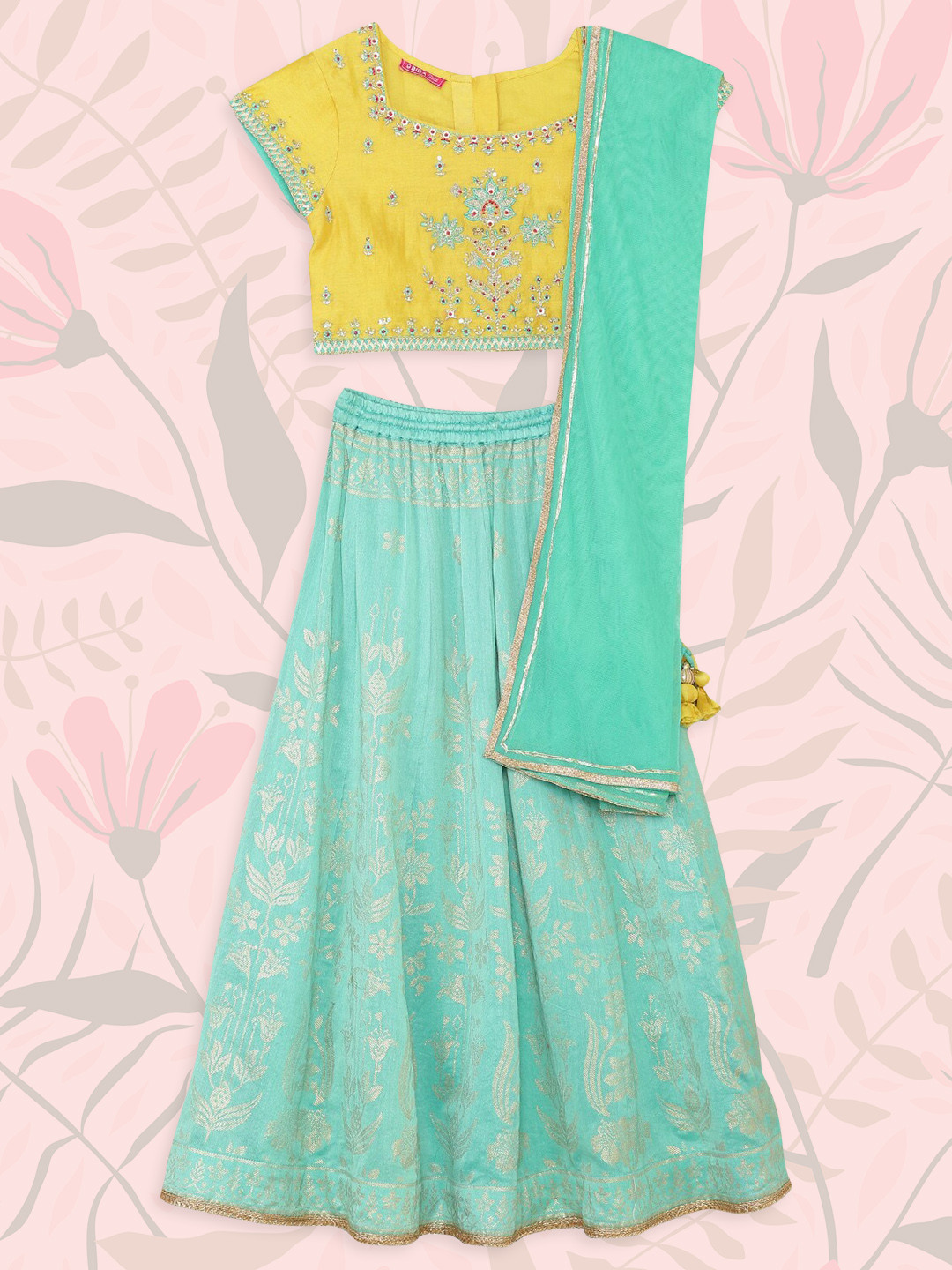

Biba Girls Yellow & Sea Green Embroidered Ready to Wear Lehenga & Blouse With Net Dupatta