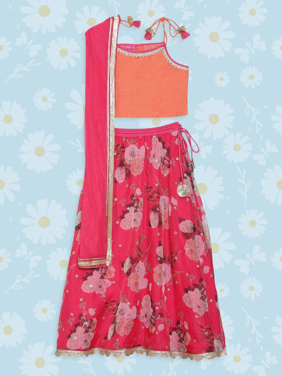 

Biba Girls Pink & Orange Sequinned Ready to Wear Lehenga & Blouse With Dupatta