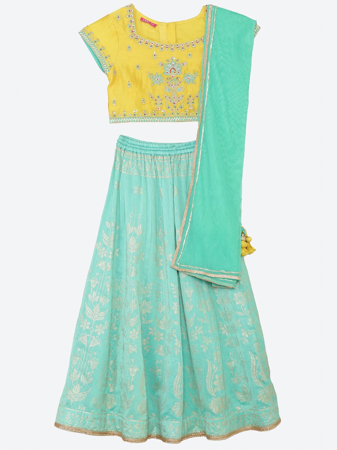 

Biba Girls Yellow & Blue Embroidered Beads and Stones Ready to Wear Lehenga & Blouse With Dupatta