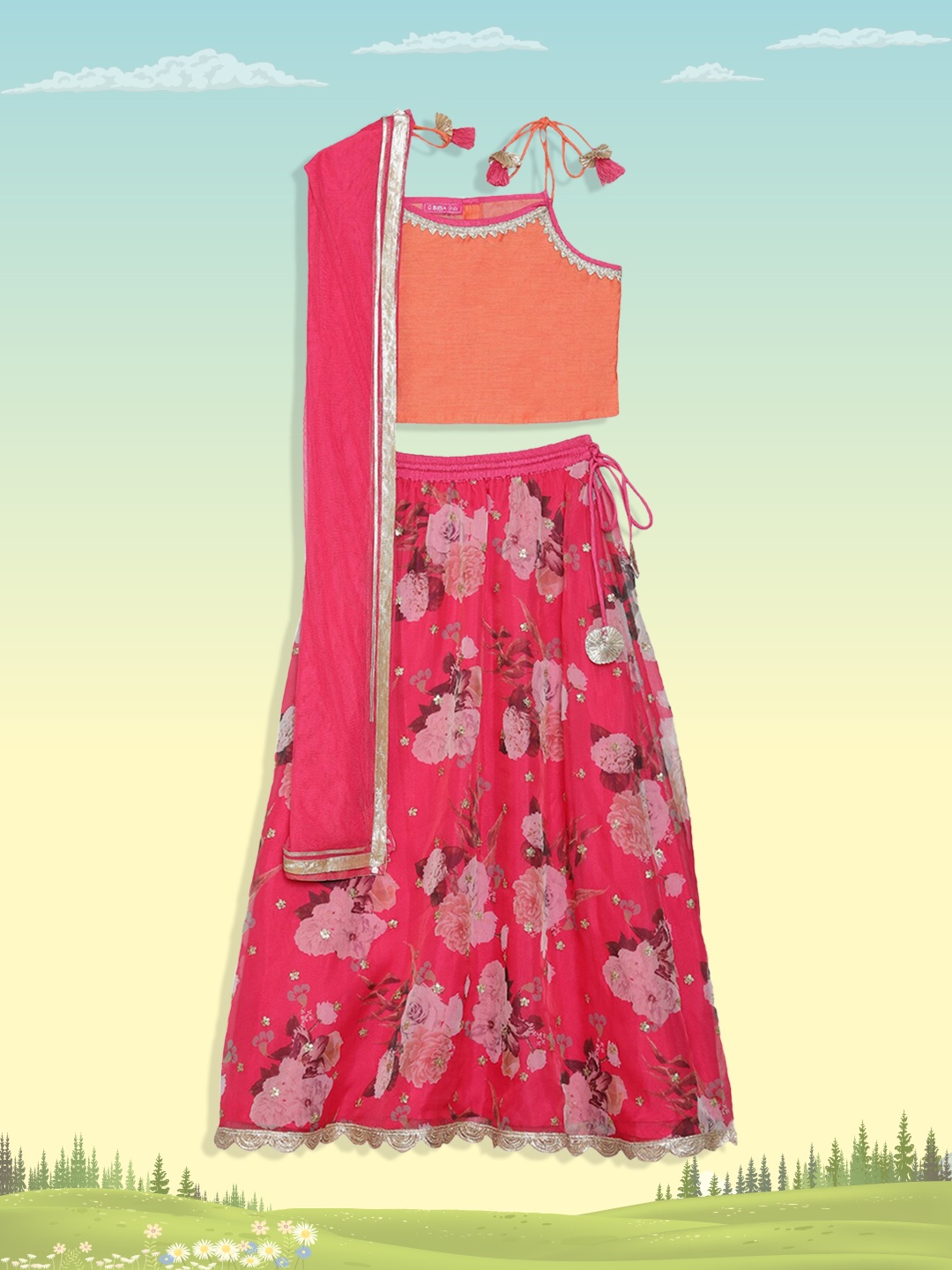 

Biba Girls Pink & Orange Sequinned Ready to Wear Lehenga & Blouse With Dupatta