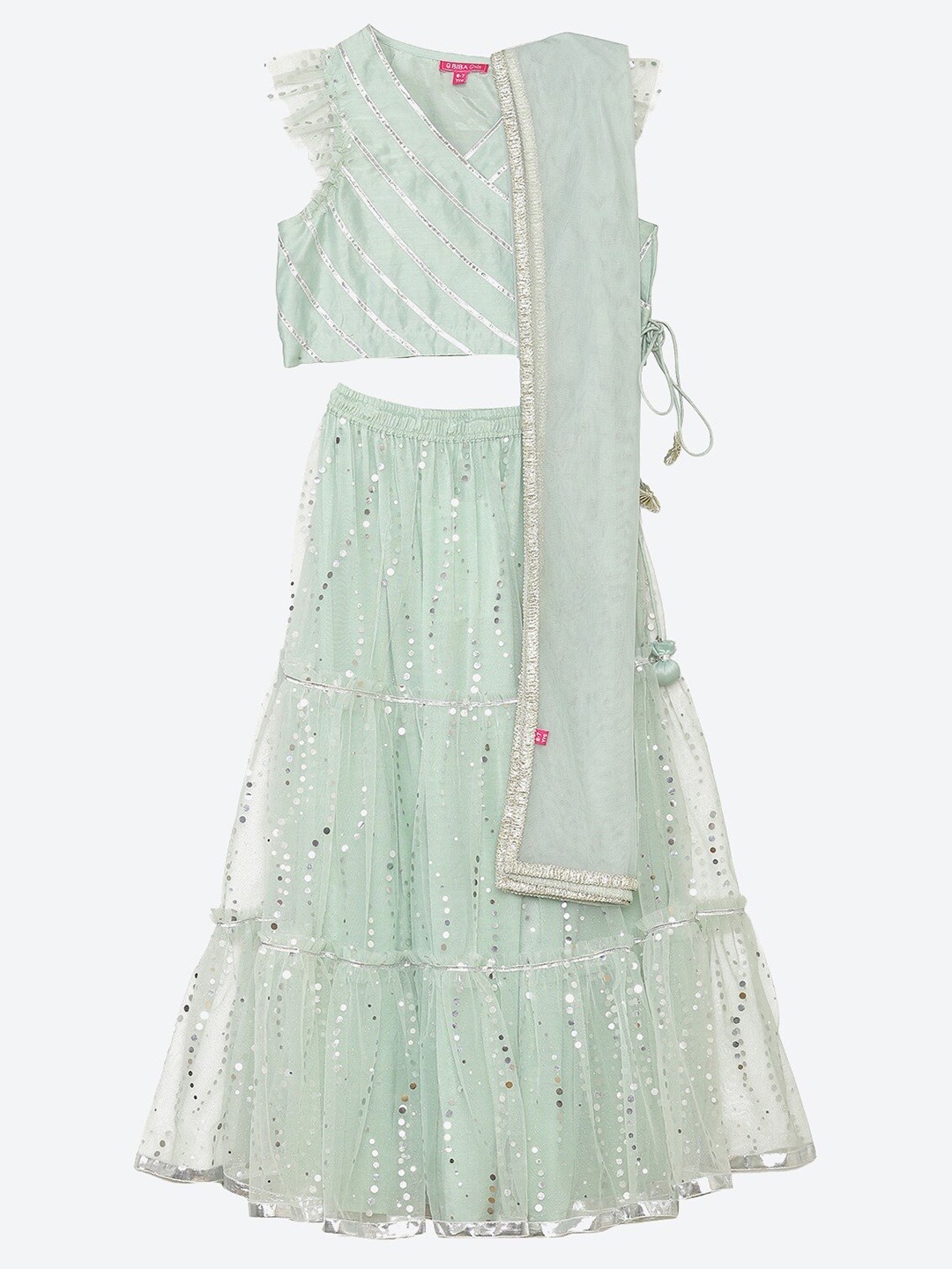 

Biba Girls Blue & Silver-Toned Embroidered Mirror Work Ready to Wear Lehenga & Blouse With Dupatta