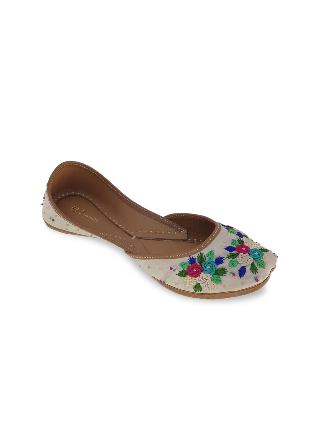 

Fulkari Women Beige Embellished Leather Ethnic Mojaris Flats