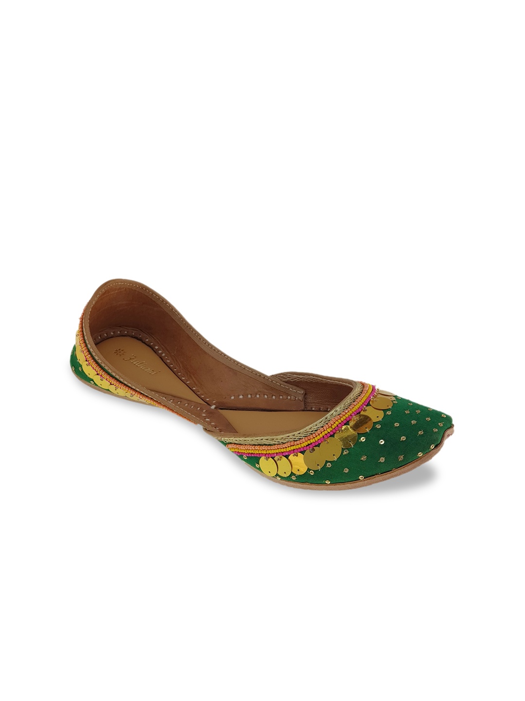 

Fulkari Women Ethnic Sequin Embellished Leather Mojaris, Green