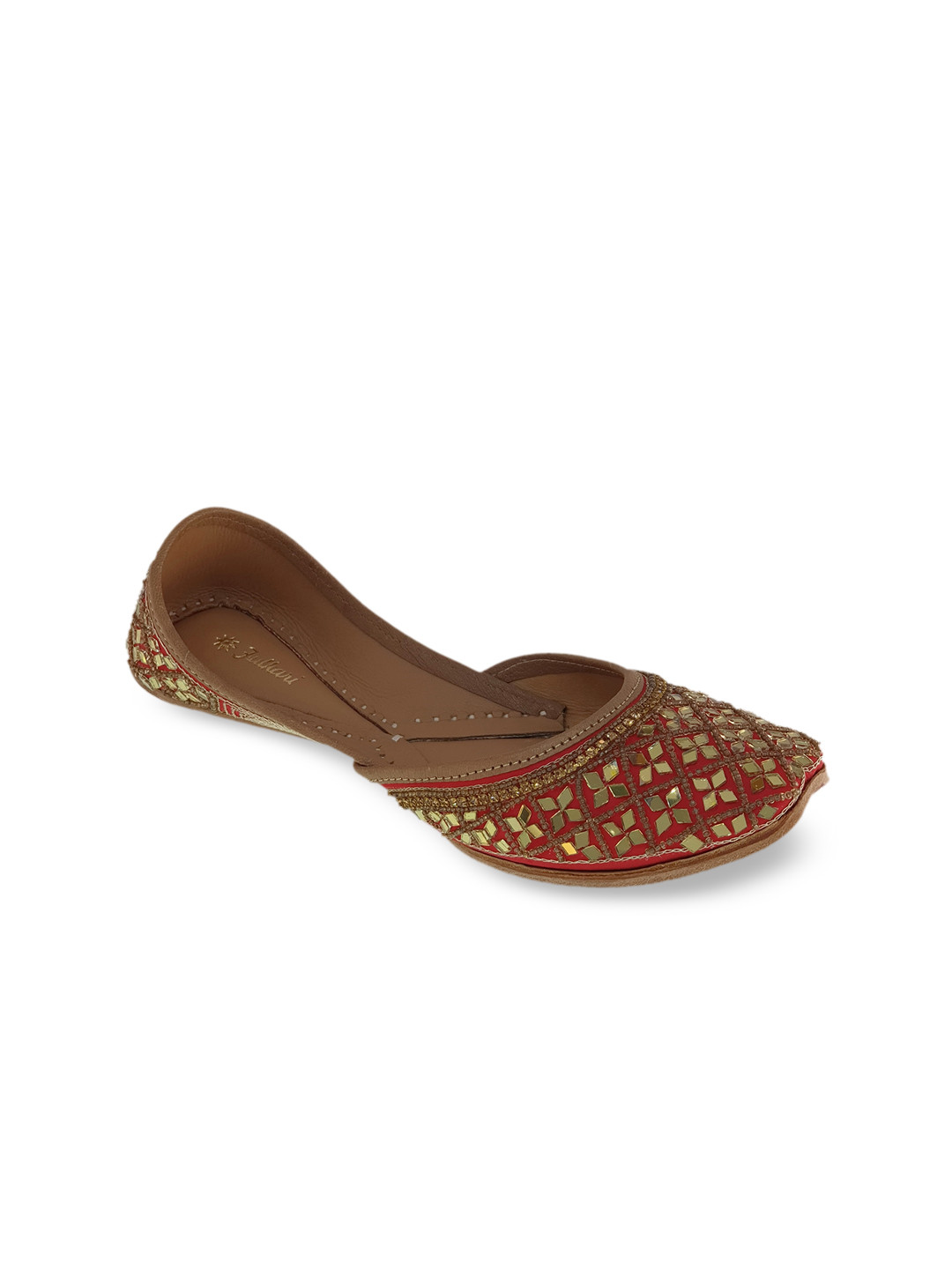 

Fulkari Women Red Embellished Leather Ethnic Mojaris Flats
