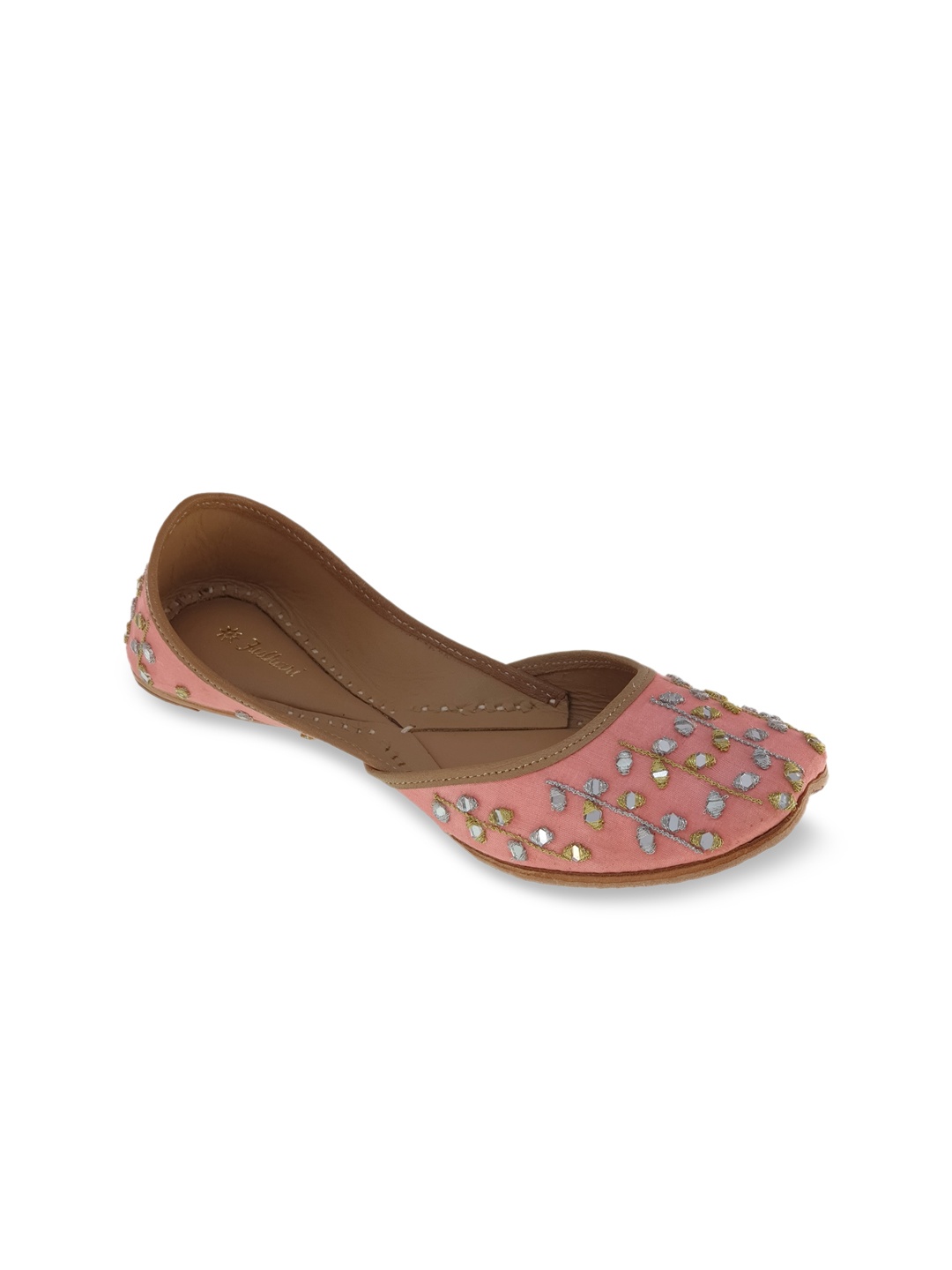 

Fulkari Women Peach-Coloured Embellished Leather Ethnic Mojaris Flats